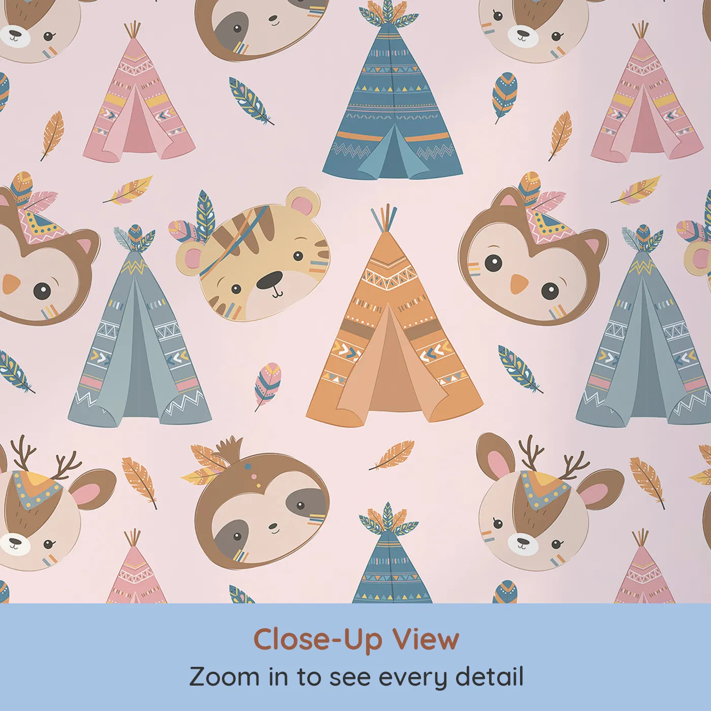 Close-up view of Whimsy Tots' Tribal Pals Wallpaper in Pink (W3007B).Whimsical tents and forest friends spark daily adventures.