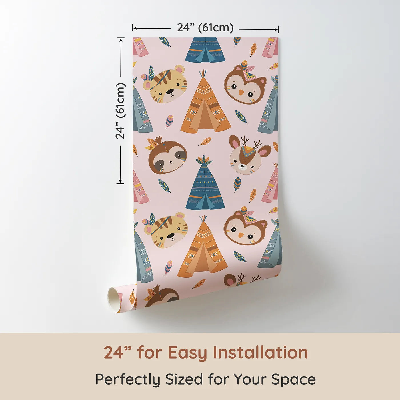 Dimension view of Whimsy Tots Tribal Pals Wallpaper in Pink (W3007B). Printed in 24-inch-wide panel for easy installation. Whimsical tents and forest friends spark daily adventures.