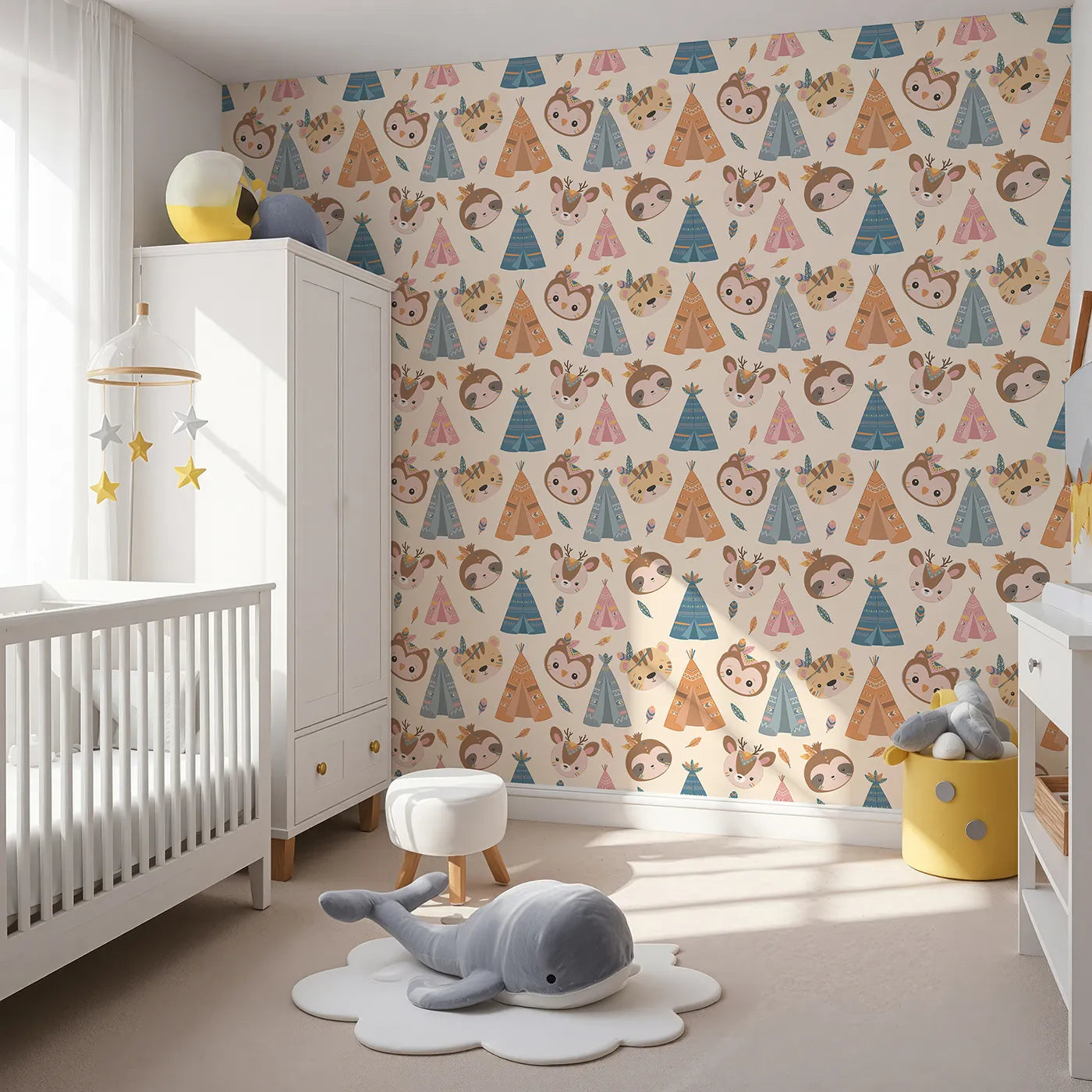Angled view of Whimsy Tots' Tribal Pals Wallpaper in Cream (W3007C).Whimsical tents and forest friends spark daily adventures.