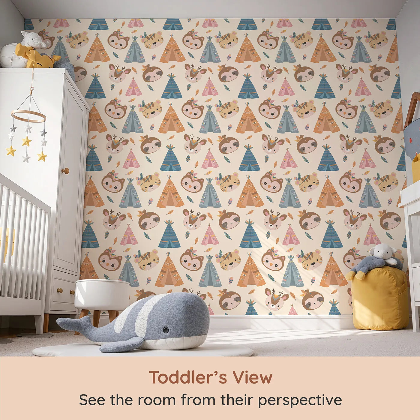 Whimsy Tots Tribal Pals Wallpaper in Cream (W3007C) from your child's view.Whimsical tents and forest friends spark daily adventures.