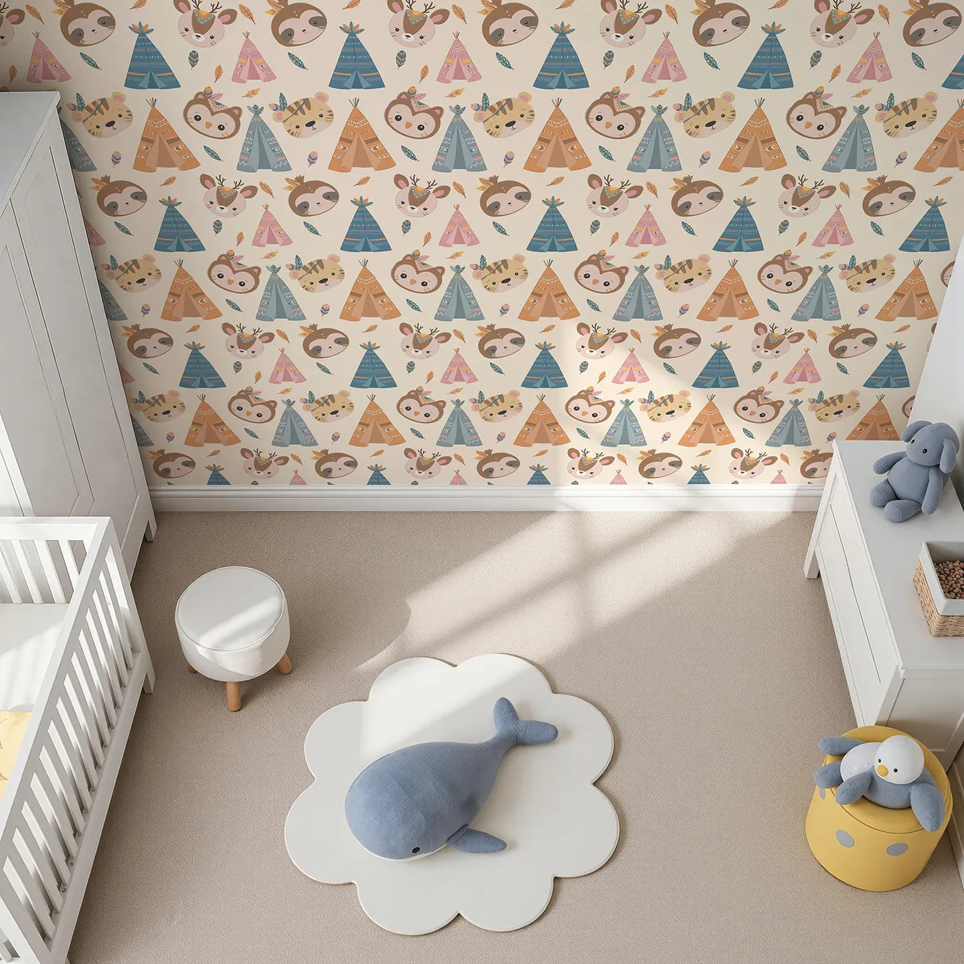 Top-Down view of Whimsy Tots' Tribal Pals Wallpaper in Cream (W3007C).Whimsical tents and forest friends spark daily adventures.