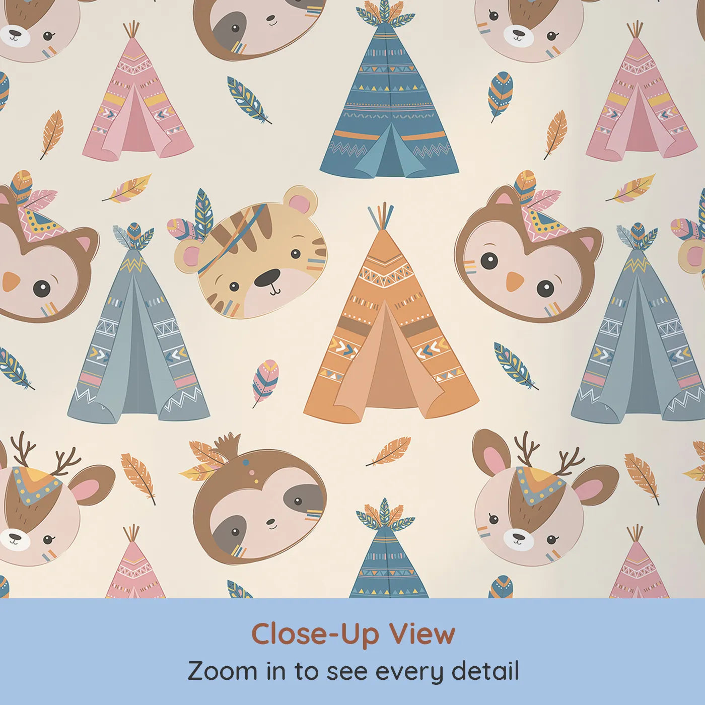 Close-up view of Whimsy Tots' Tribal Pals Wallpaper in Cream (W3007C).Whimsical tents and forest friends spark daily adventures.