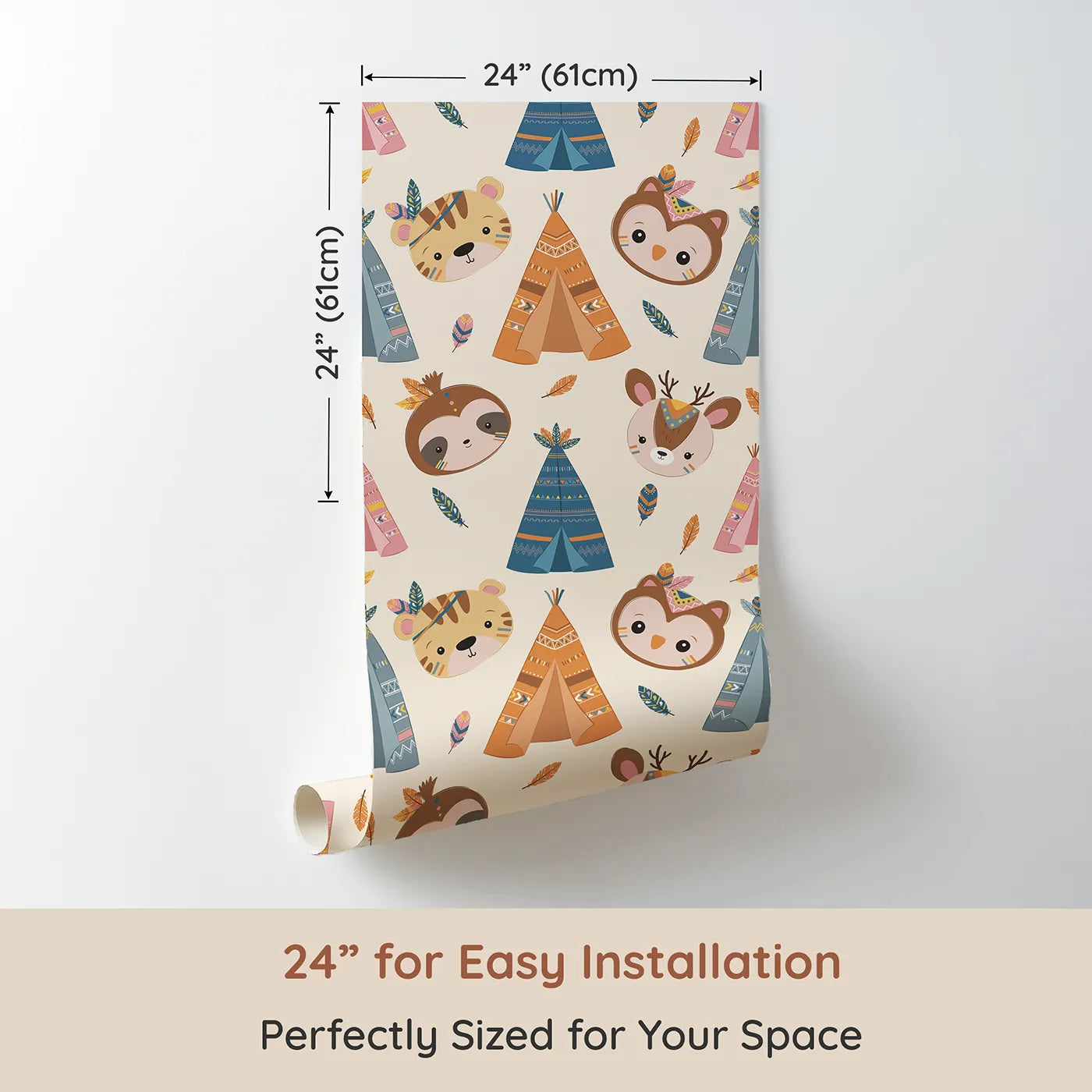 Dimension view of Whimsy Tots Tribal Pals Wallpaper in Cream (W3007C). Printed in 24-inch-wide panel for easy installation. Whimsical tents and forest friends spark daily adventures.