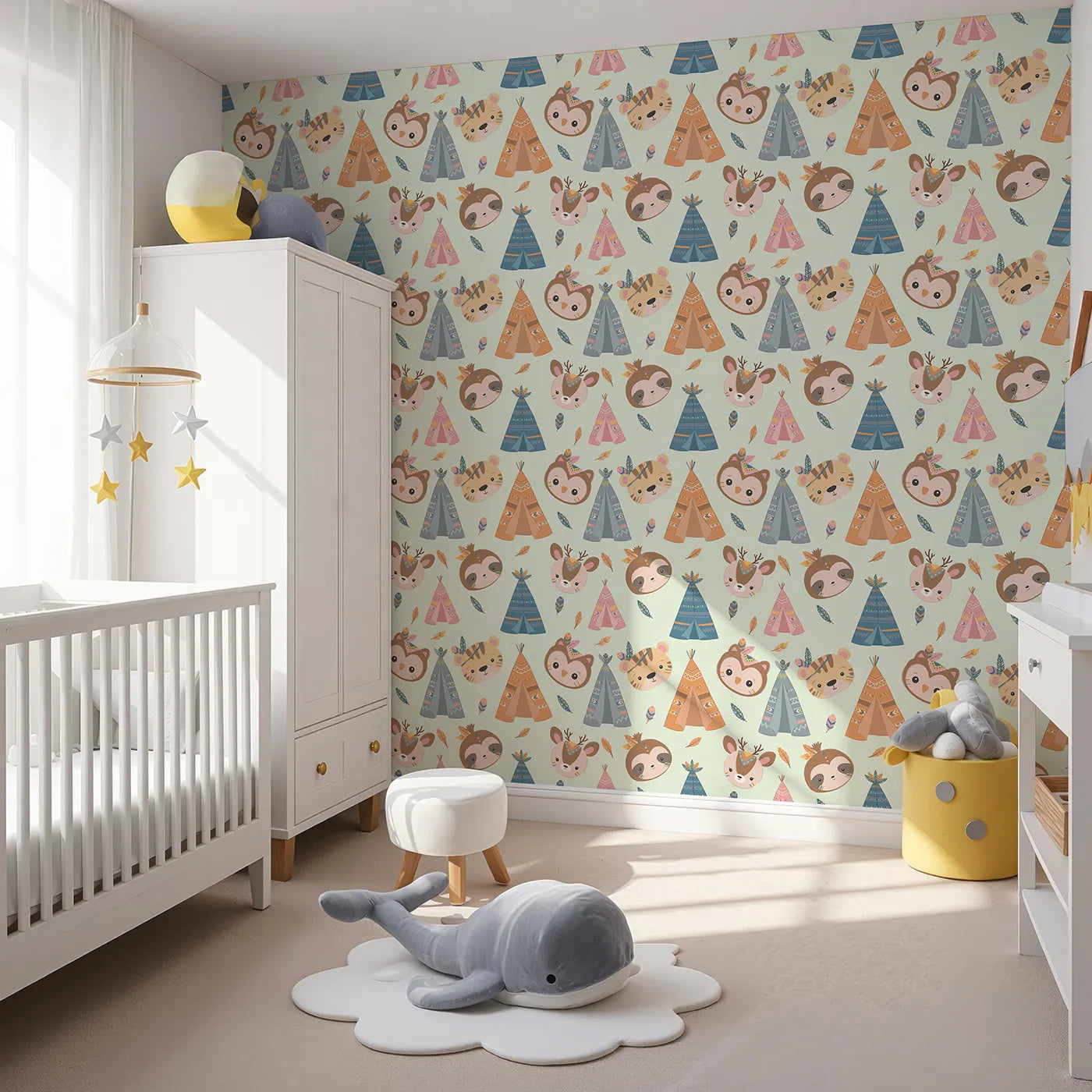 Angled view of Whimsy Tots' Tribal Pals Wallpaper in Mint Green (W3007D).Whimsical tents and forest friends spark daily adventures.