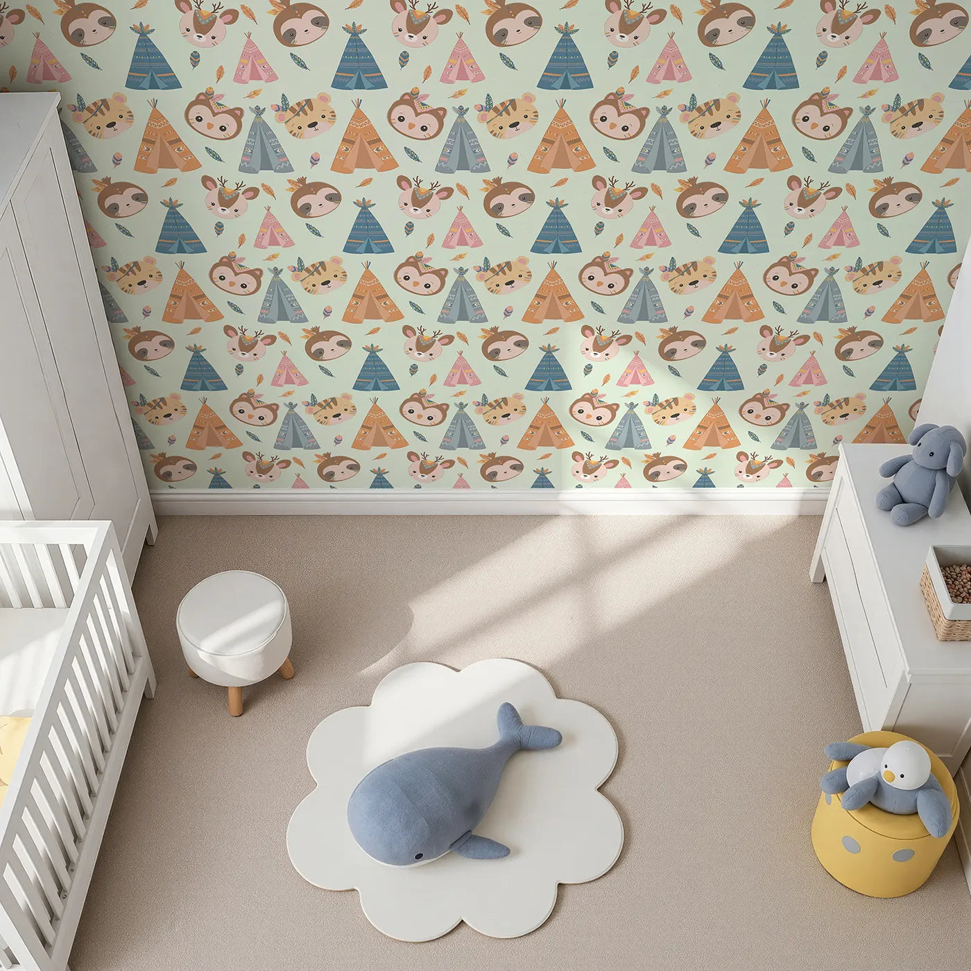 Top-Down view of Whimsy Tots' Tribal Pals Wallpaper in Mint Green (W3007D).Whimsical tents and forest friends spark daily adventures.