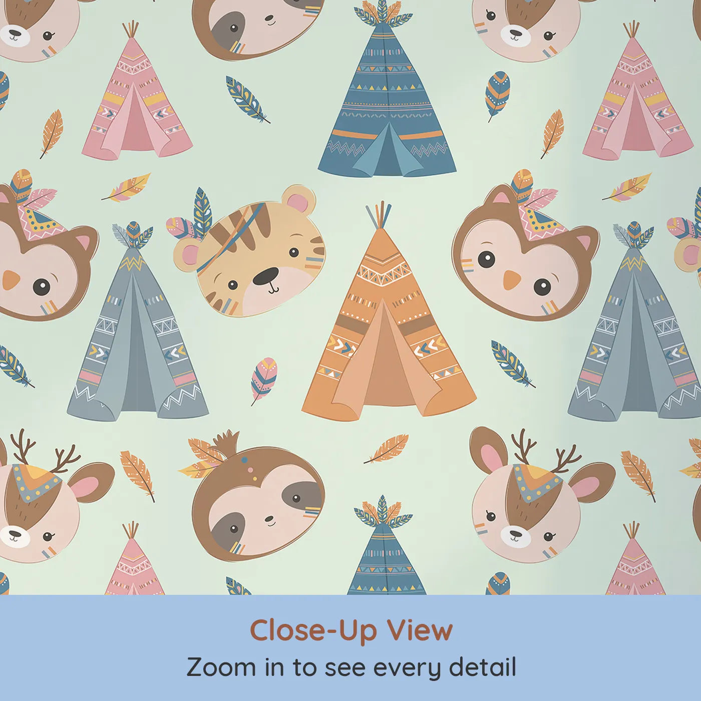 Close-up view of Whimsy Tots' Tribal Pals Wallpaper in Mint Green (W3007D).Whimsical tents and forest friends spark daily adventures.