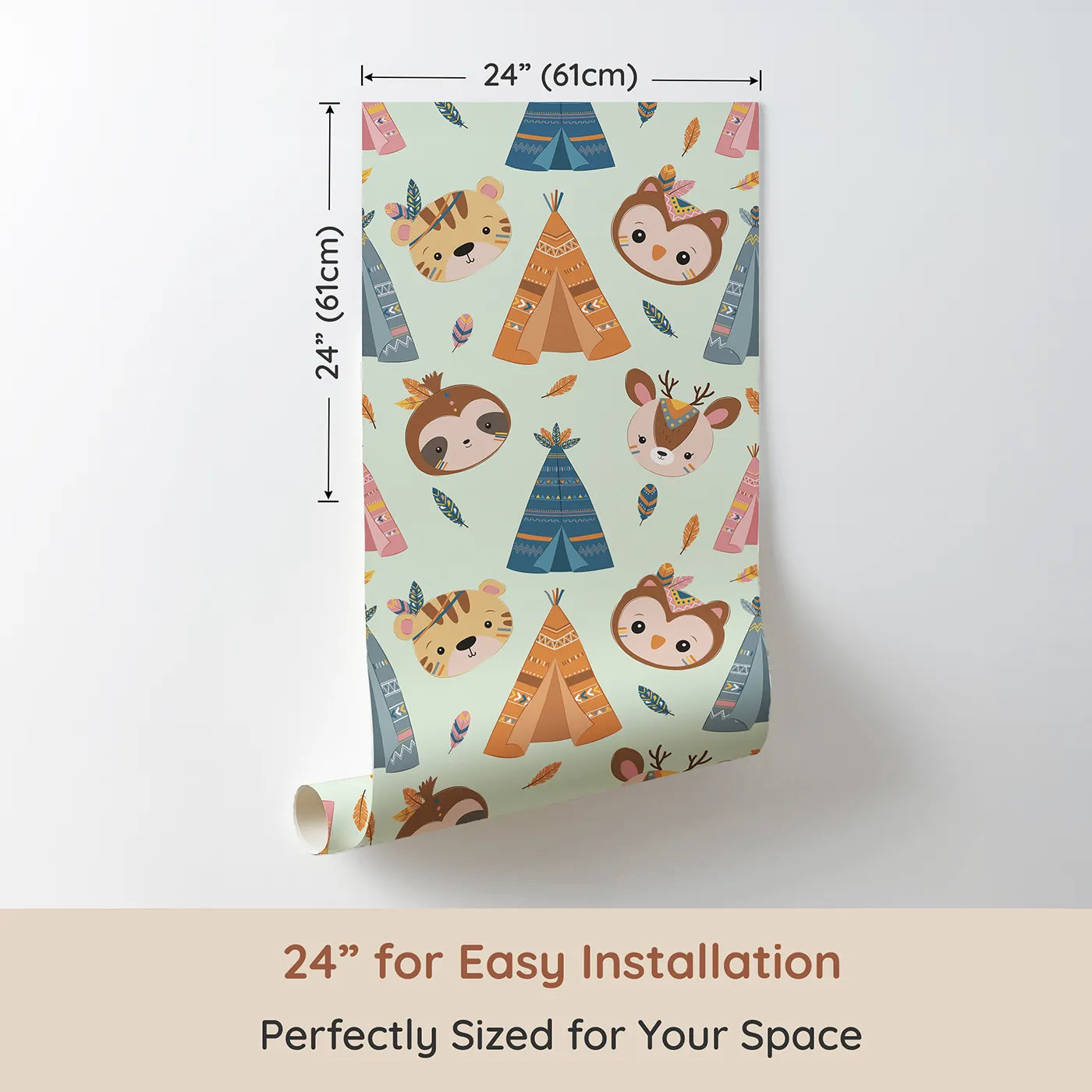 Dimension view of Whimsy Tots Tribal Pals Wallpaper in Mint Green (W3007D). Printed in 24-inch-wide panel for easy installation. Whimsical tents and forest friends spark daily adventures.