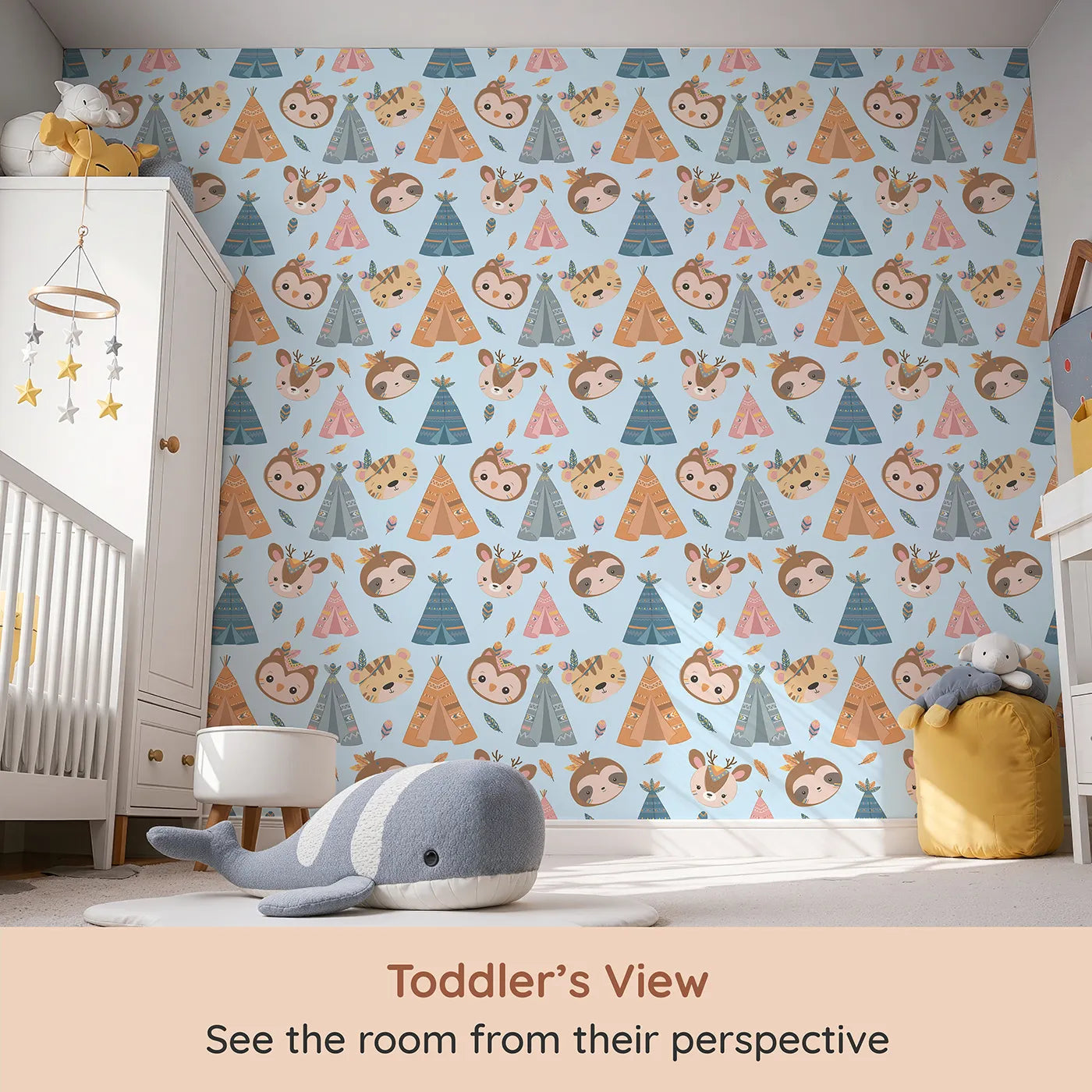 Whimsy Tots Tribal Pals Wallpaper in Blue (W3007E) from your child's view.Whimsical tents and forest friends spark daily adventures.