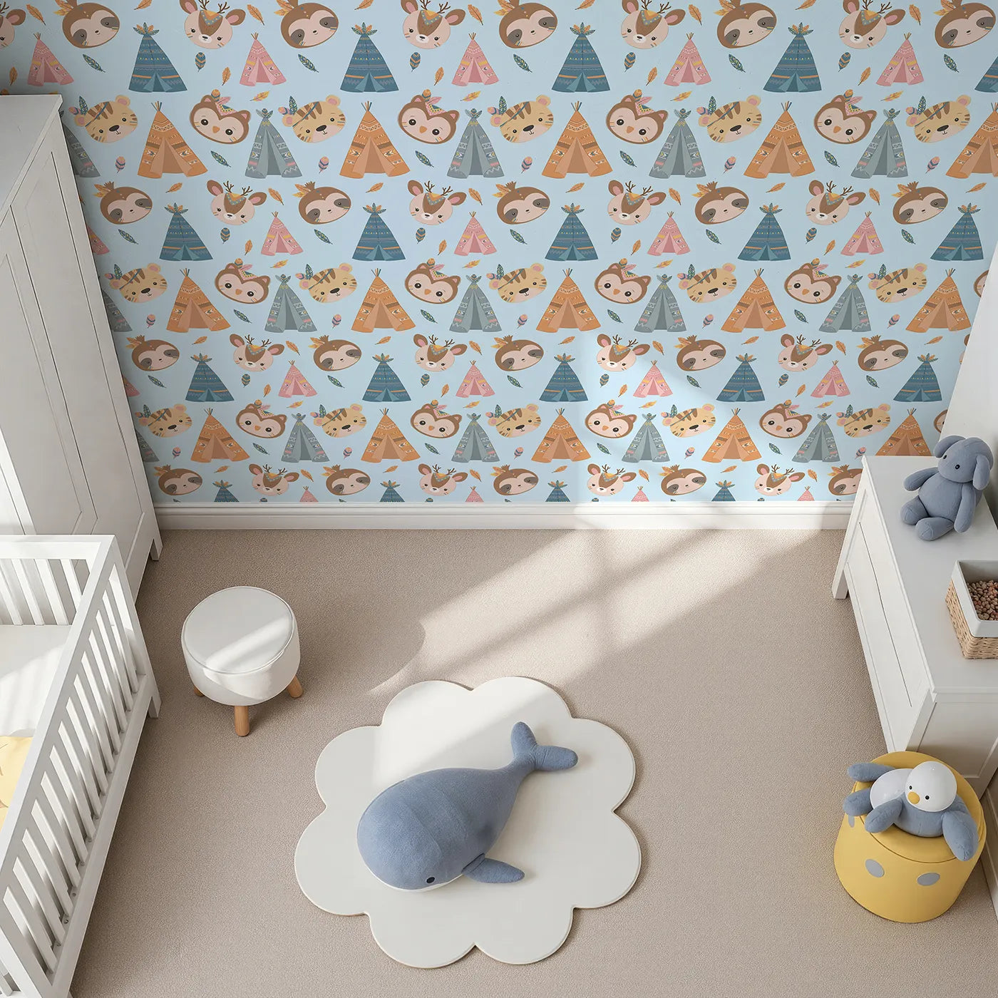 Top-Down view of Whimsy Tots' Tribal Pals Wallpaper in Blue (W3007E).Whimsical tents and forest friends spark daily adventures.