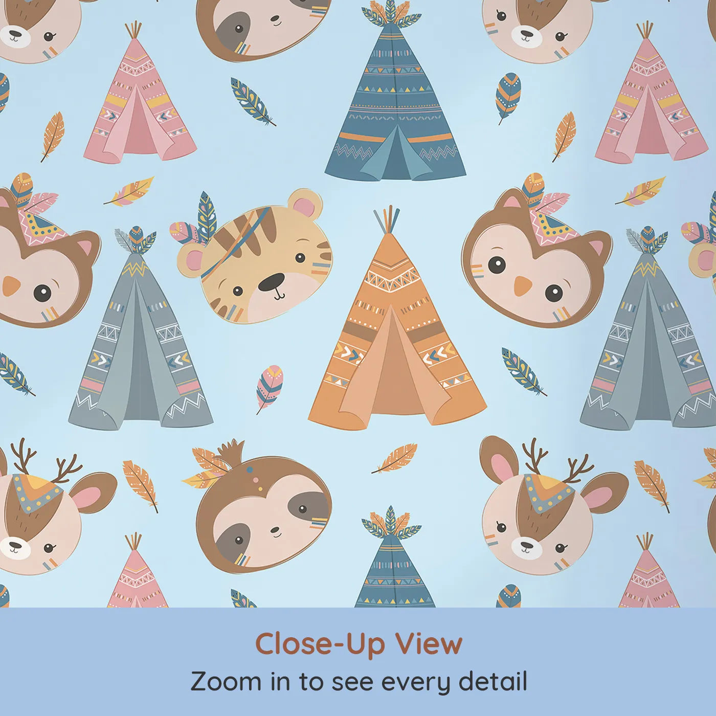 Close-up view of Whimsy Tots' Tribal Pals Wallpaper in Blue (W3007E).Whimsical tents and forest friends spark daily adventures.