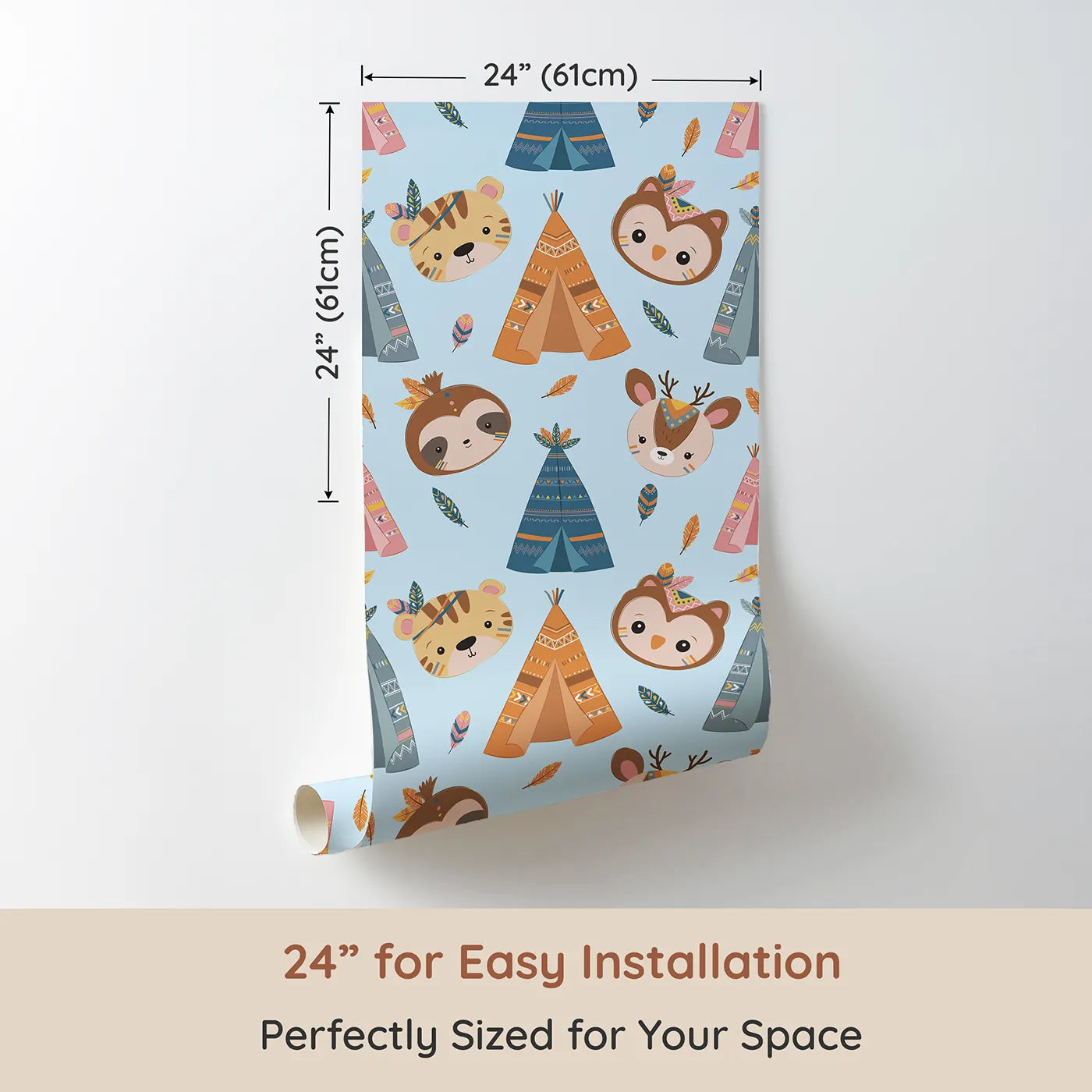 Dimension view of Whimsy Tots Tribal Pals Wallpaper in Blue (W3007E). Printed in 24-inch-wide panel for easy installation. Whimsical tents and forest friends spark daily adventures.