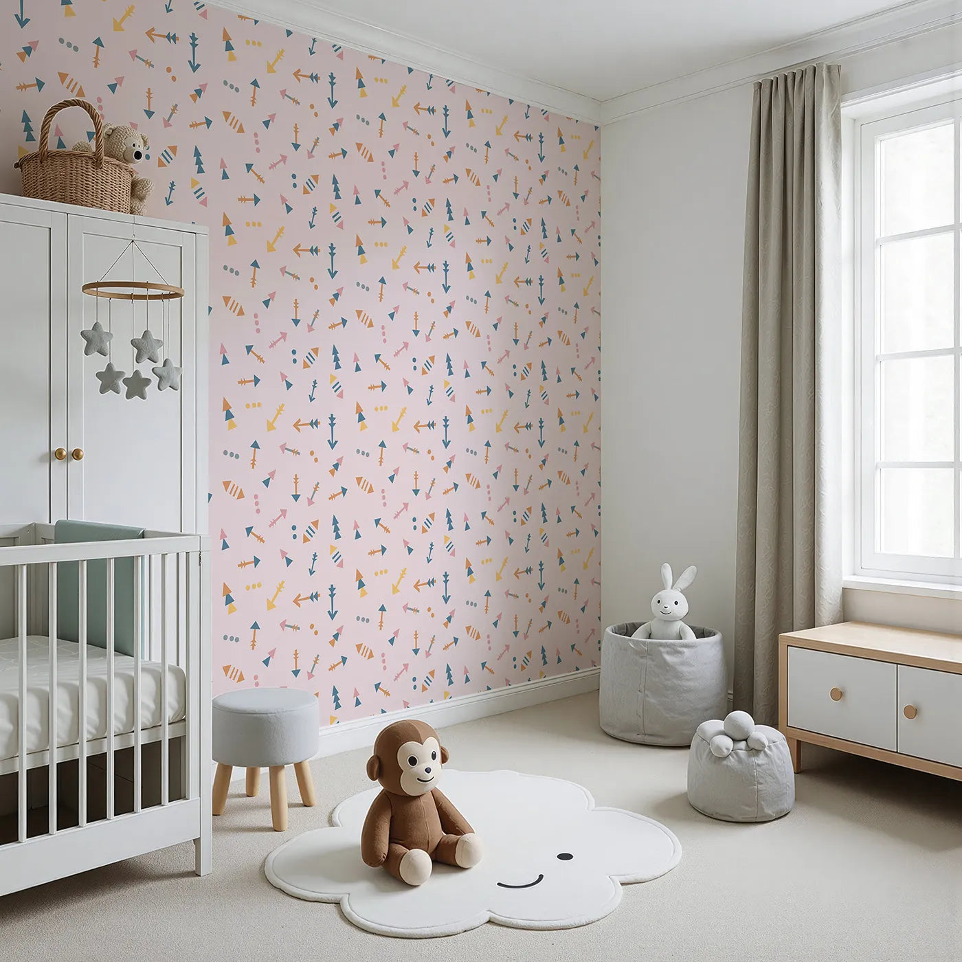 Angled view of Whimsy Tots' Boho Arrows Wallpaper in Pink (W3008A).Soft tribal arrows dance across their wall in cheerful motion.