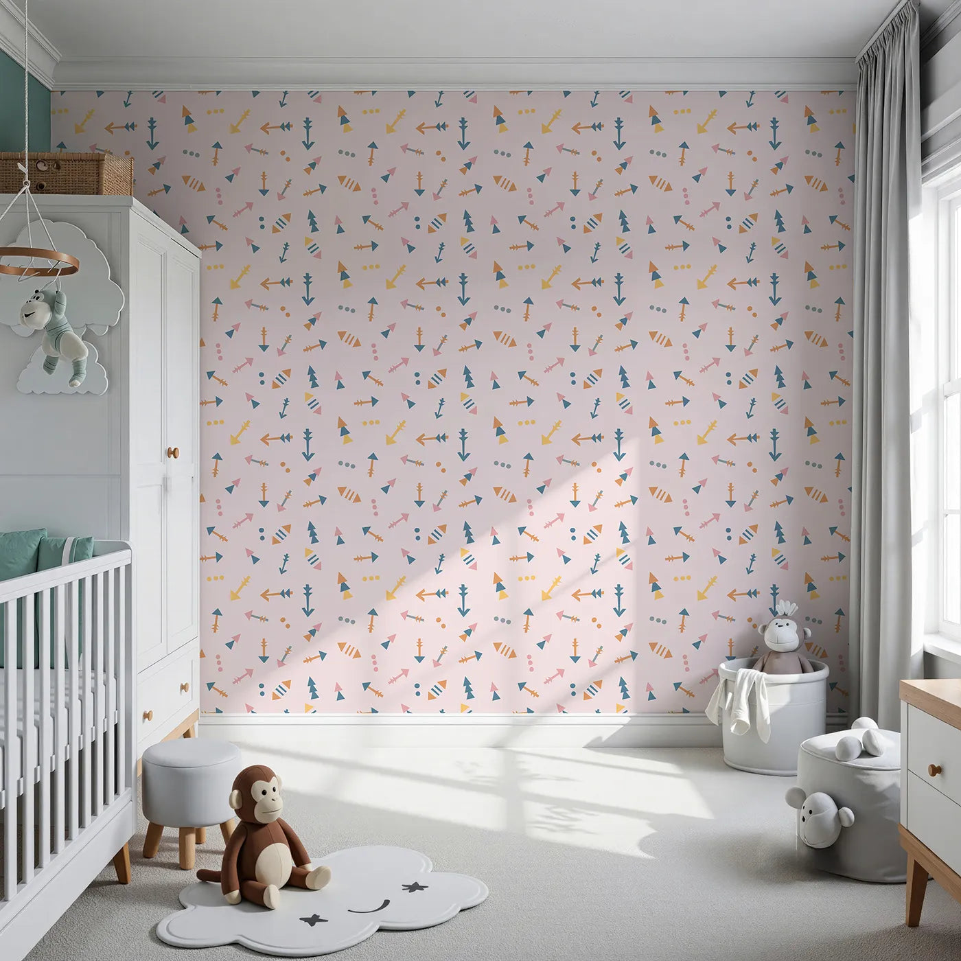 Front view of Whimsy Tots' Boho Arrows Wallpaper in Pink