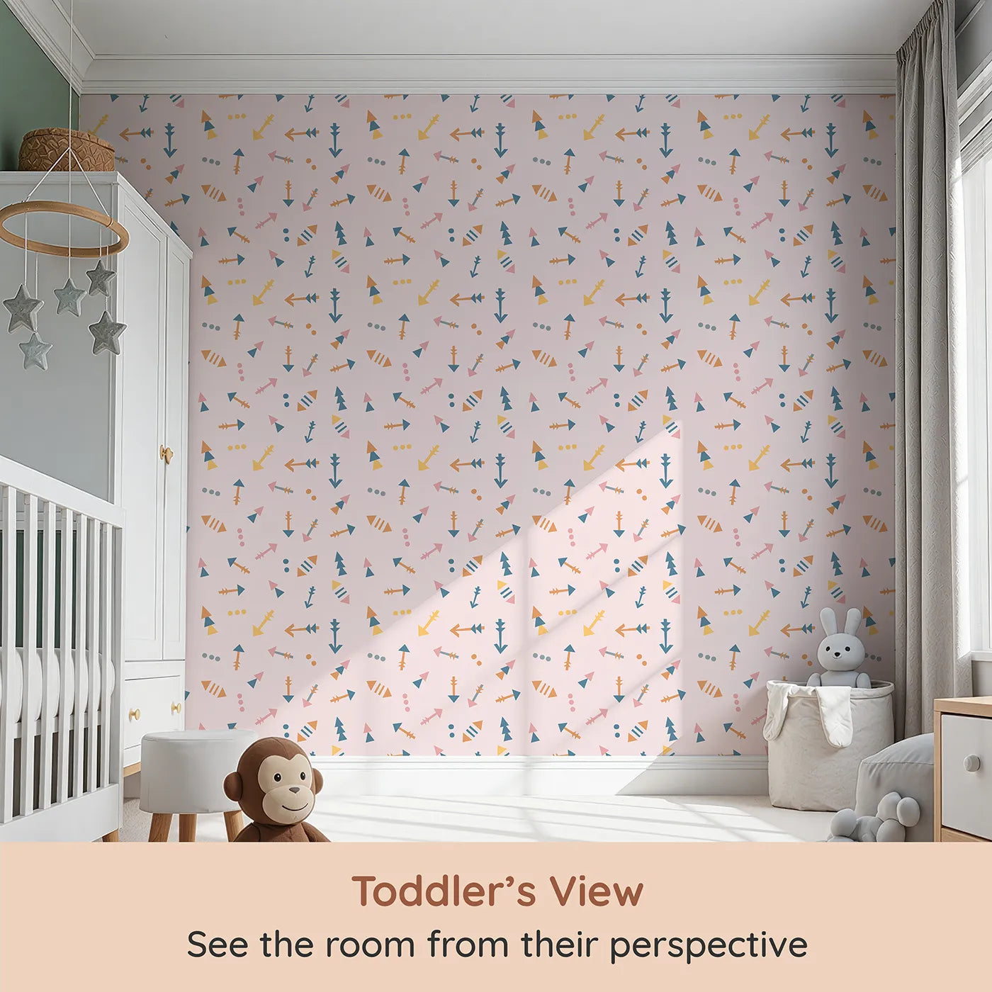 Whimsy Tots Boho Arrows Wallpaper in Pink (W3008A) from your child's view.Soft tribal arrows dance across their wall in cheerful motion.