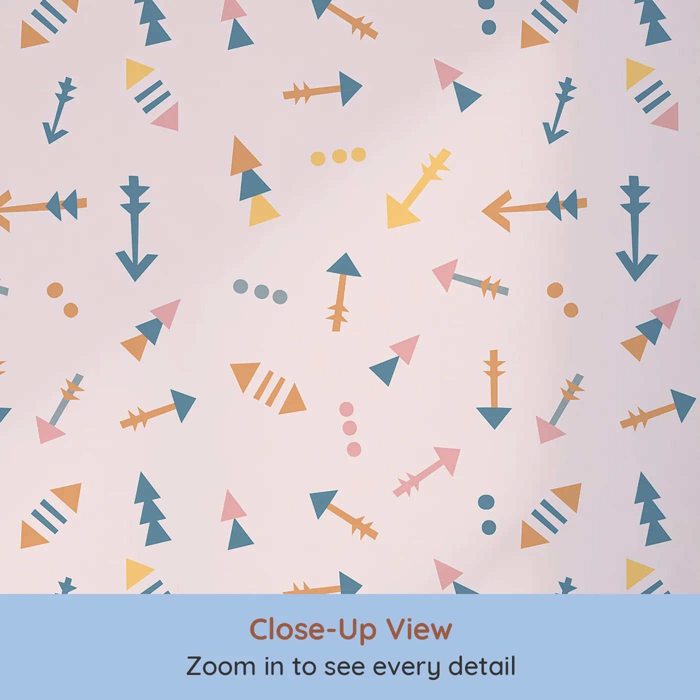 Close-up view of Whimsy Tots' Boho Arrows Wallpaper in Pink (W3008A).Soft tribal arrows dance across their wall in cheerful motion.