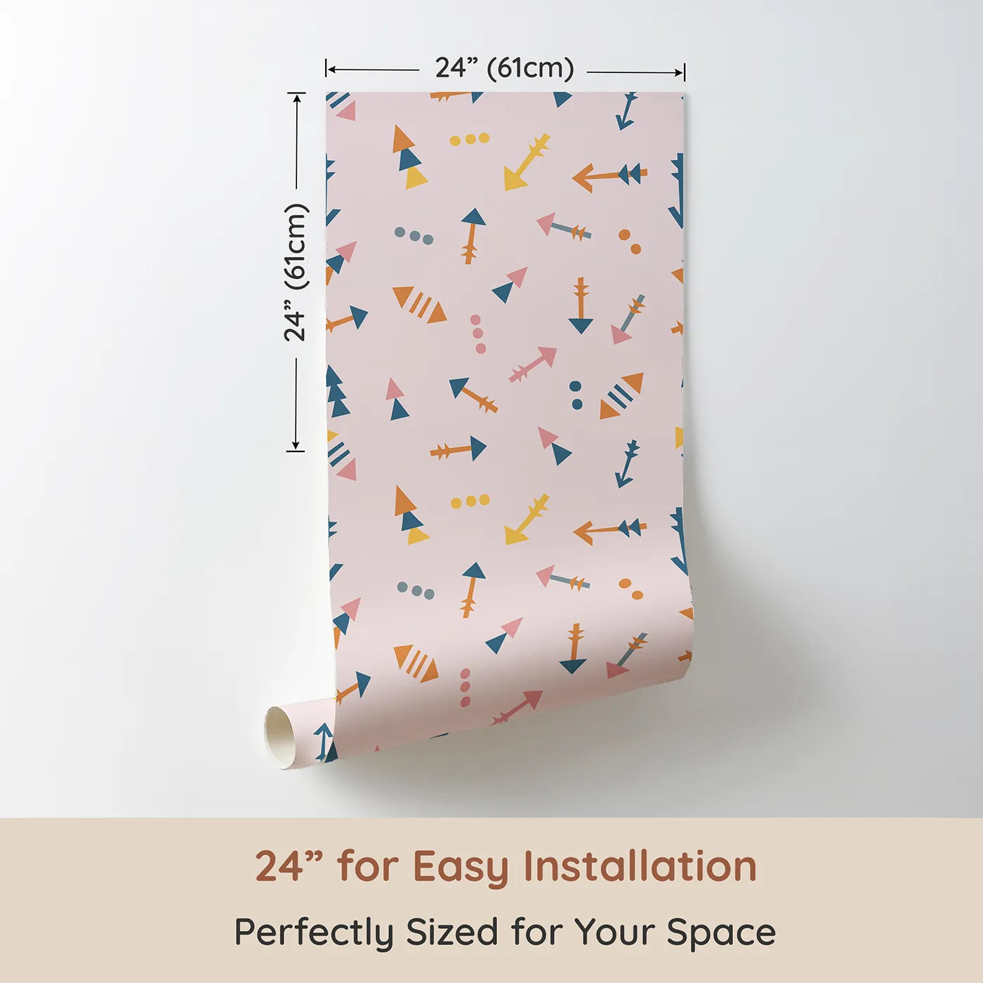 Dimension view of Whimsy Tots Boho Arrows Wallpaper in Pink (W3008A). Printed in 24-inch-wide panel for easy installation. Soft tribal arrows dance across their wall in cheerful motion.