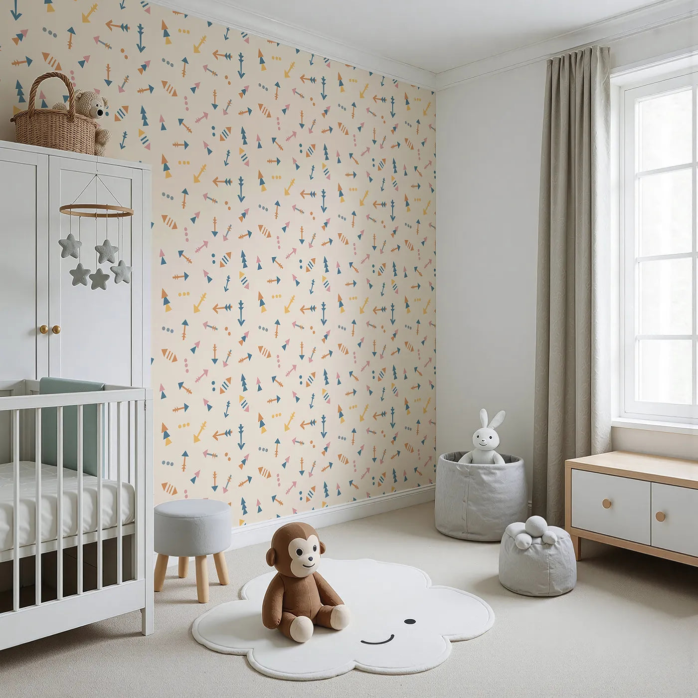 Angled view of Whimsy Tots' Boho Arrows Wallpaper in Cream (W3008B).Soft tribal arrows dance across their wall in cheerful motion.