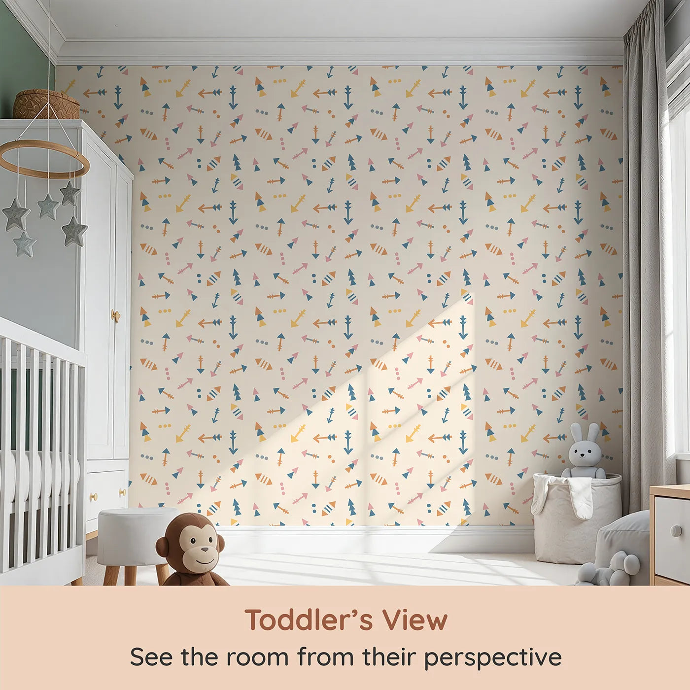 Whimsy Tots Boho Arrows Wallpaper in Cream (W3008B) from your child's view.Soft tribal arrows dance across their wall in cheerful motion.