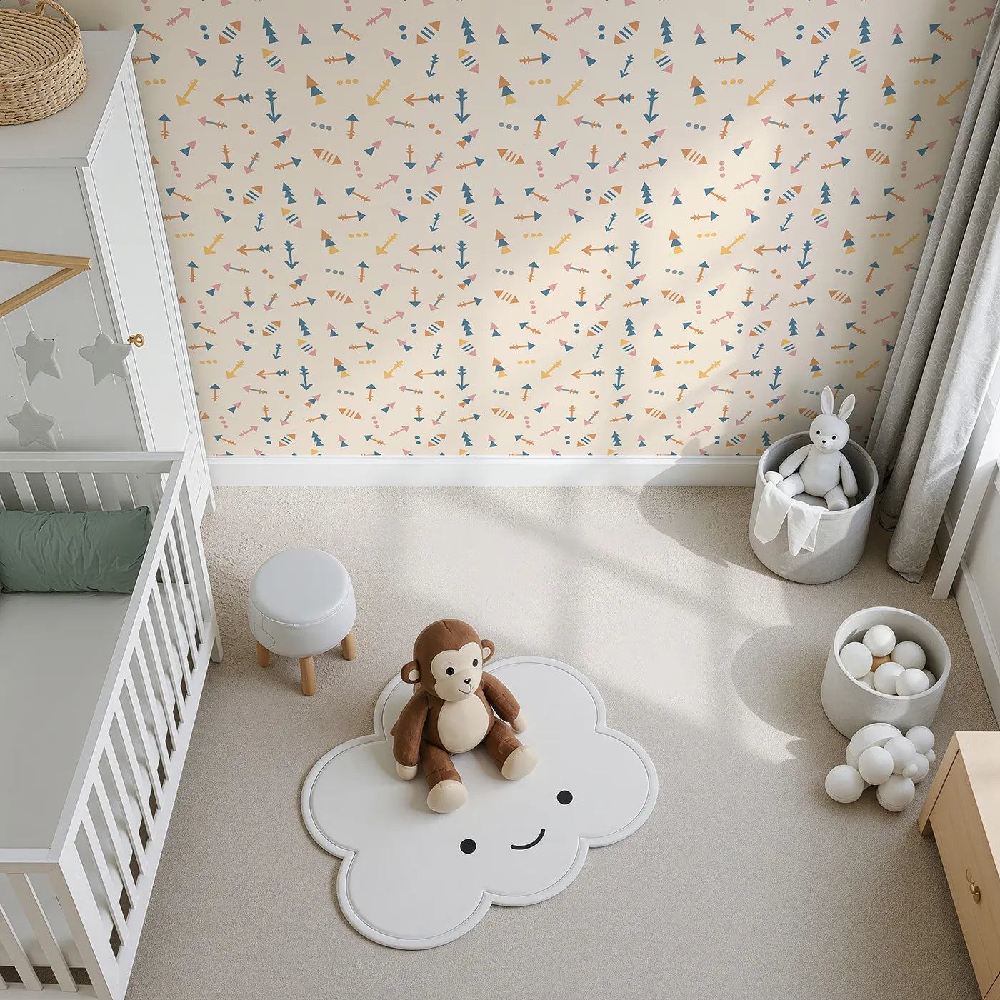 Top-Down view of Whimsy Tots' Boho Arrows Wallpaper in Cream (W3008B).Soft tribal arrows dance across their wall in cheerful motion.