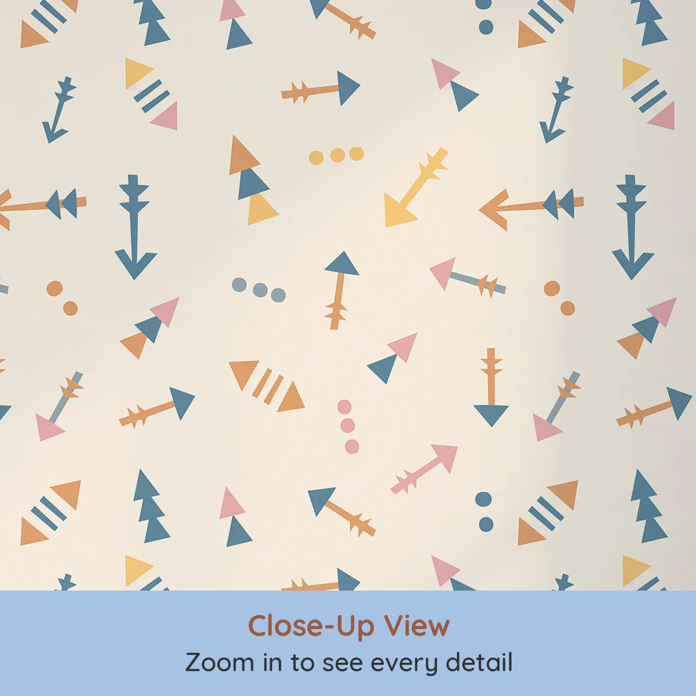 Close-up view of Whimsy Tots' Boho Arrows Wallpaper in Cream (W3008B).Soft tribal arrows dance across their wall in cheerful motion.
