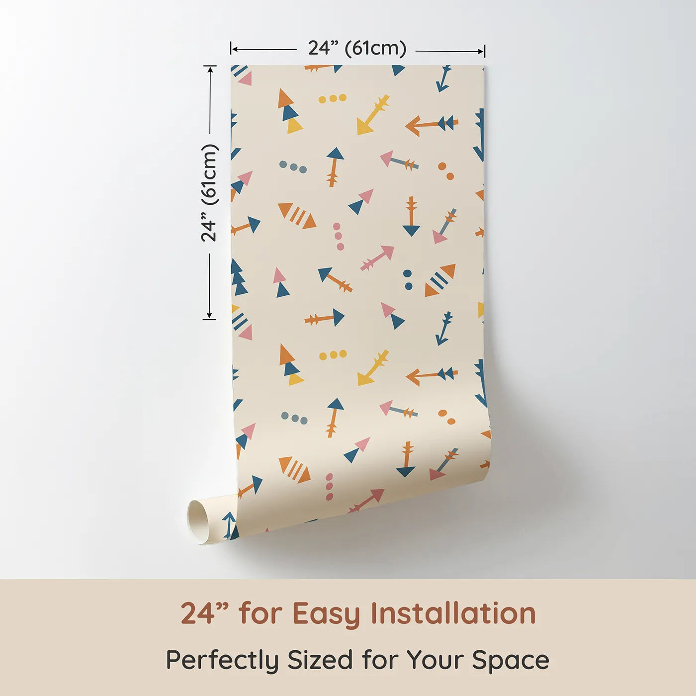 Dimension view of Whimsy Tots Boho Arrows Wallpaper in Cream (W3008B). Printed in 24-inch-wide panel for easy installation. Soft tribal arrows dance across their wall in cheerful motion.