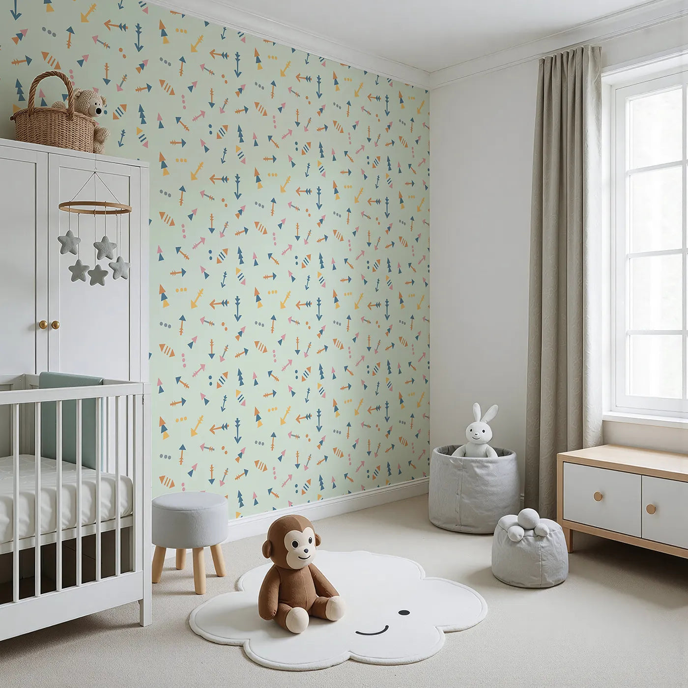 Angled view of Whimsy Tots' Boho Arrows Wallpaper in Mint Green (W3008C).Soft tribal arrows dance across their wall in cheerful motion.