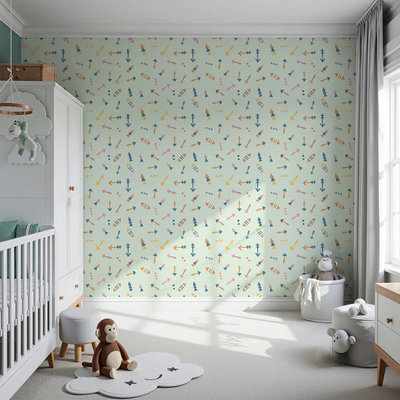 Front view of Whimsy Tots' Boho Arrows Wallpaper in Mint Green