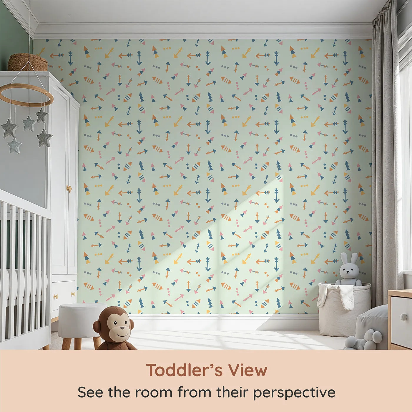 Whimsy Tots Boho Arrows Wallpaper in Mint Green (W3008C) from your child's view.Soft tribal arrows dance across their wall in cheerful motion.