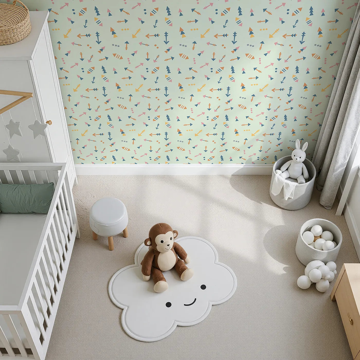 Top-Down view of Whimsy Tots' Boho Arrows Wallpaper in Mint Green (W3008C).Soft tribal arrows dance across their wall in cheerful motion.