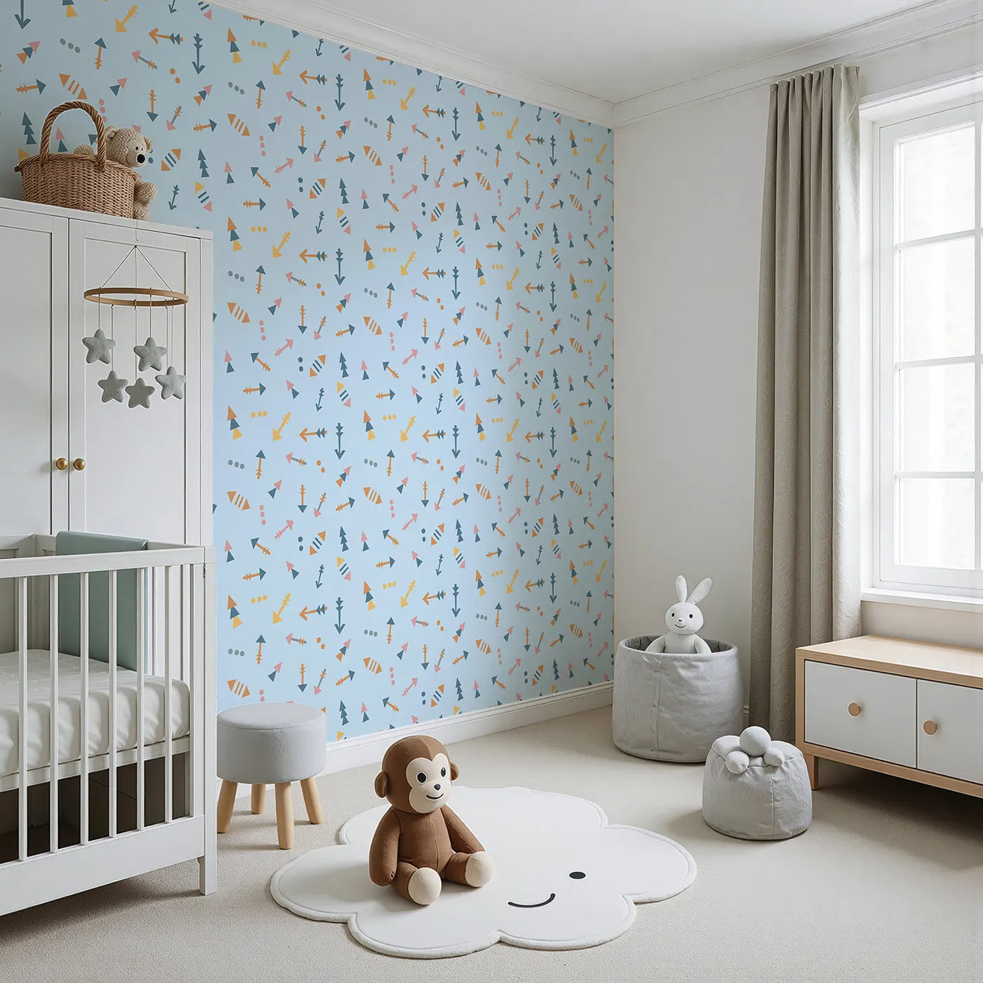 Angled view of Whimsy Tots' Boho Arrows Wallpaper in Blue (W3008D).Soft tribal arrows dance across their wall in cheerful motion.