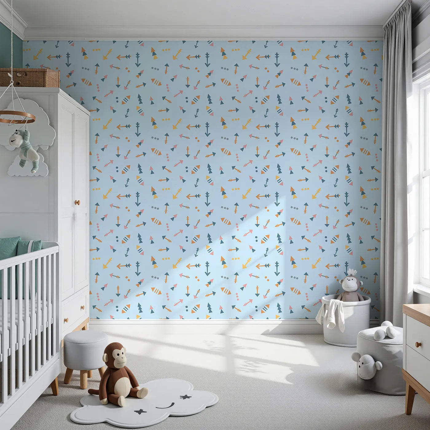 Front view of Whimsy Tots' Boho Arrows Wallpaper in Blue