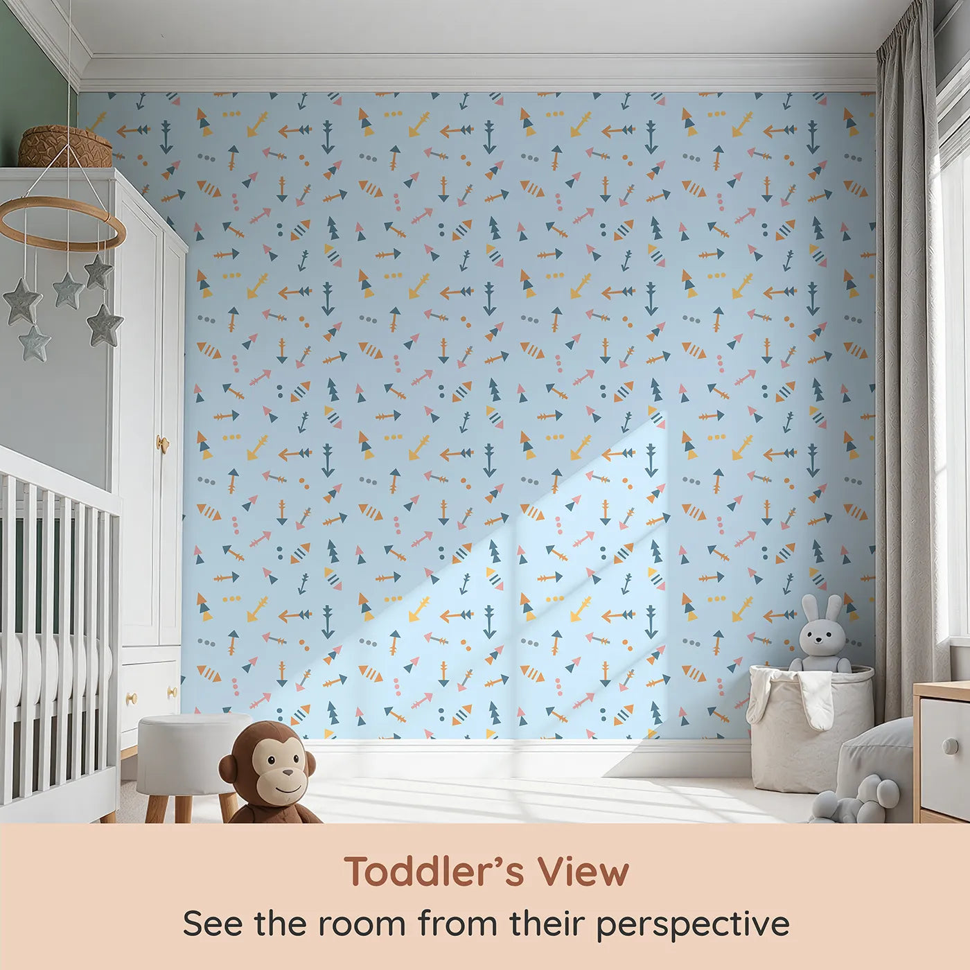 Whimsy Tots Boho Arrows Wallpaper in Blue (W3008D) from your child's view.Soft tribal arrows dance across their wall in cheerful motion.