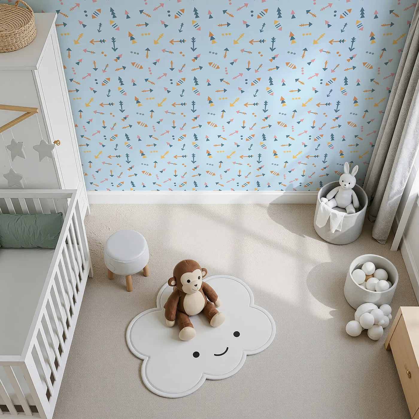 Top-Down view of Whimsy Tots' Boho Arrows Wallpaper in Blue (W3008D).Soft tribal arrows dance across their wall in cheerful motion.