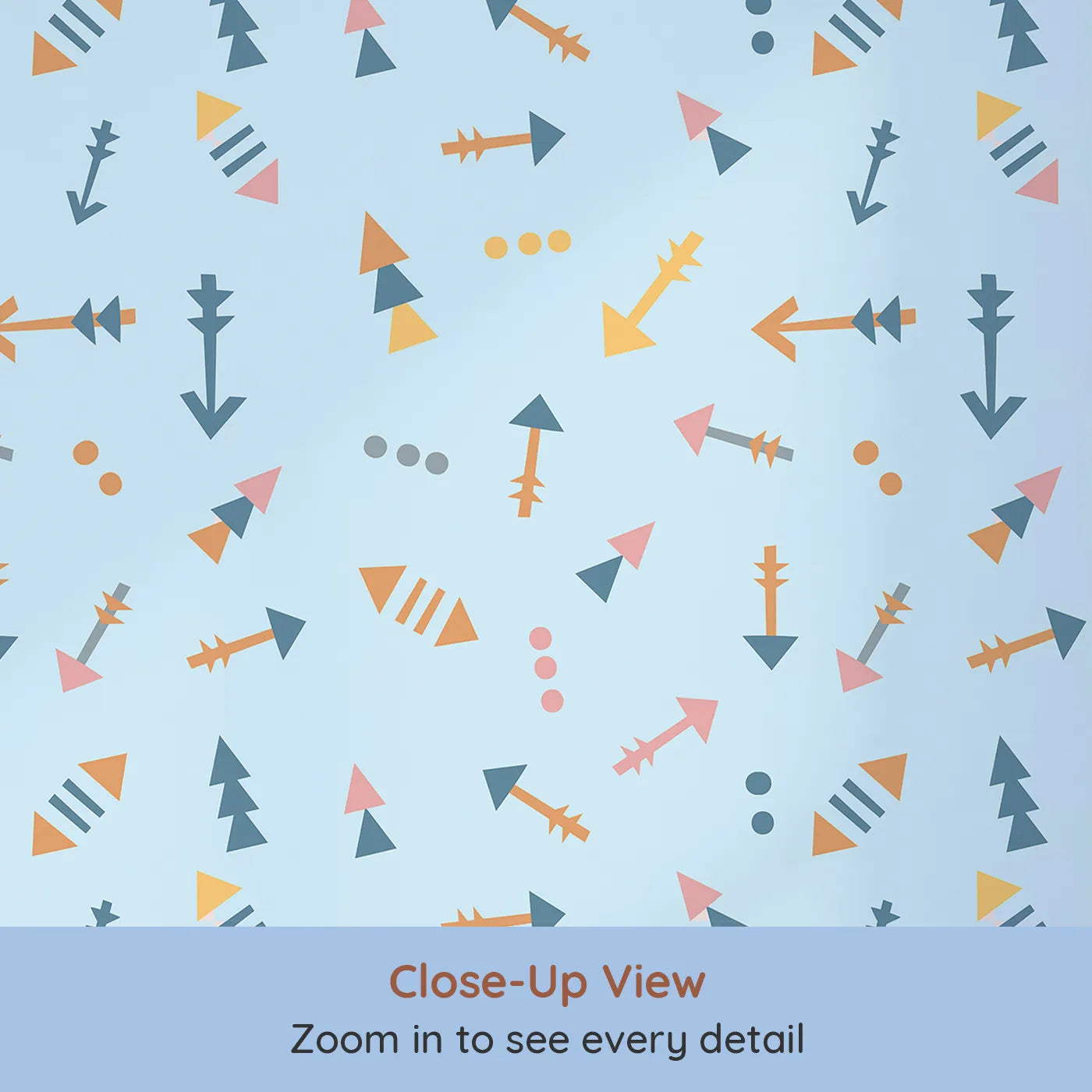 Close-up view of Whimsy Tots' Boho Arrows Wallpaper in Blue (W3008D).Soft tribal arrows dance across their wall in cheerful motion.