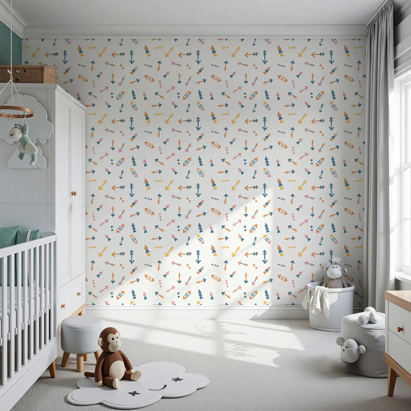 Front view of Whimsy Tots' Boho Arrows Wallpaper in White