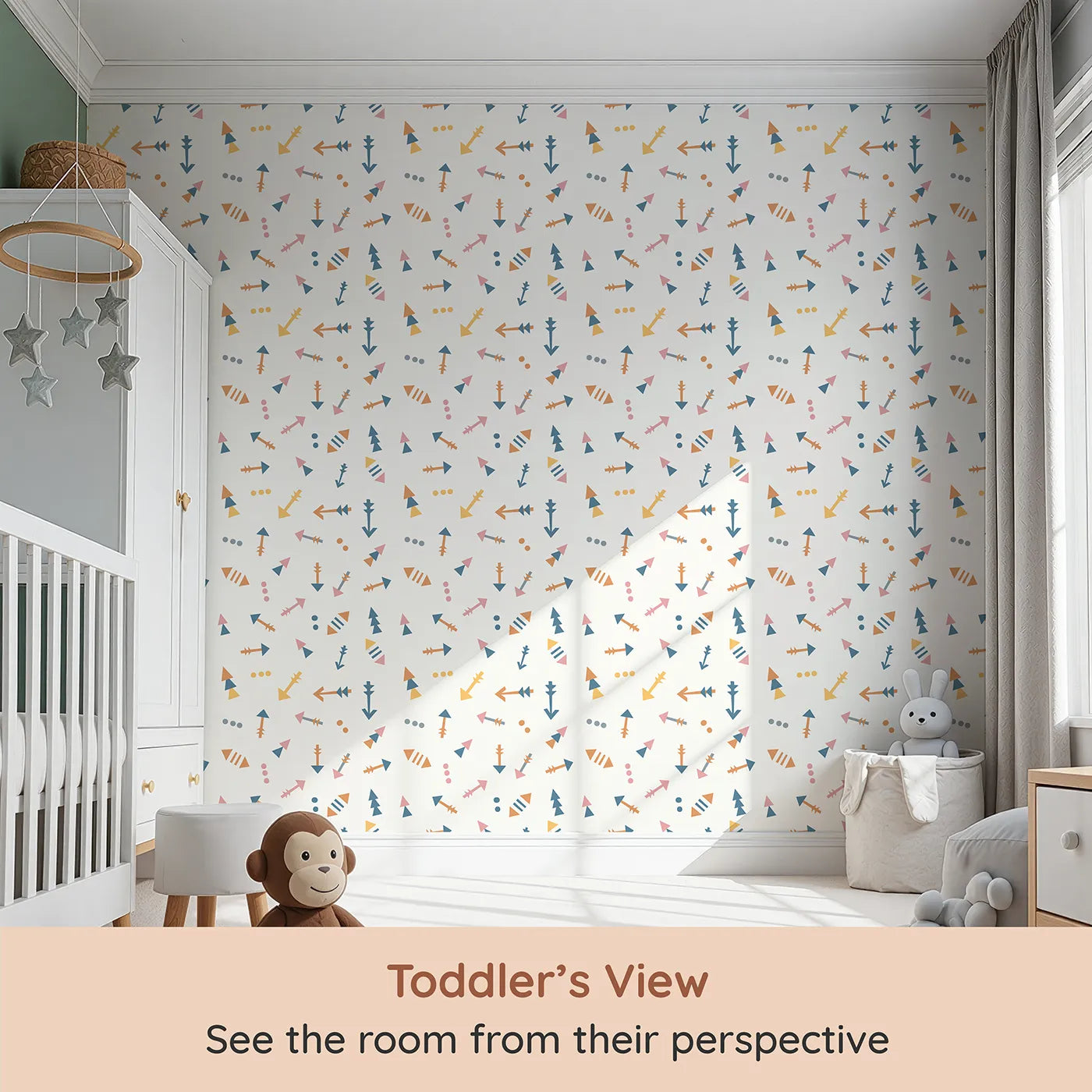 Whimsy Tots Boho Arrows Wallpaper in White (W3008E) from your child's view.Soft tribal arrows dance across their wall in cheerful motion.
