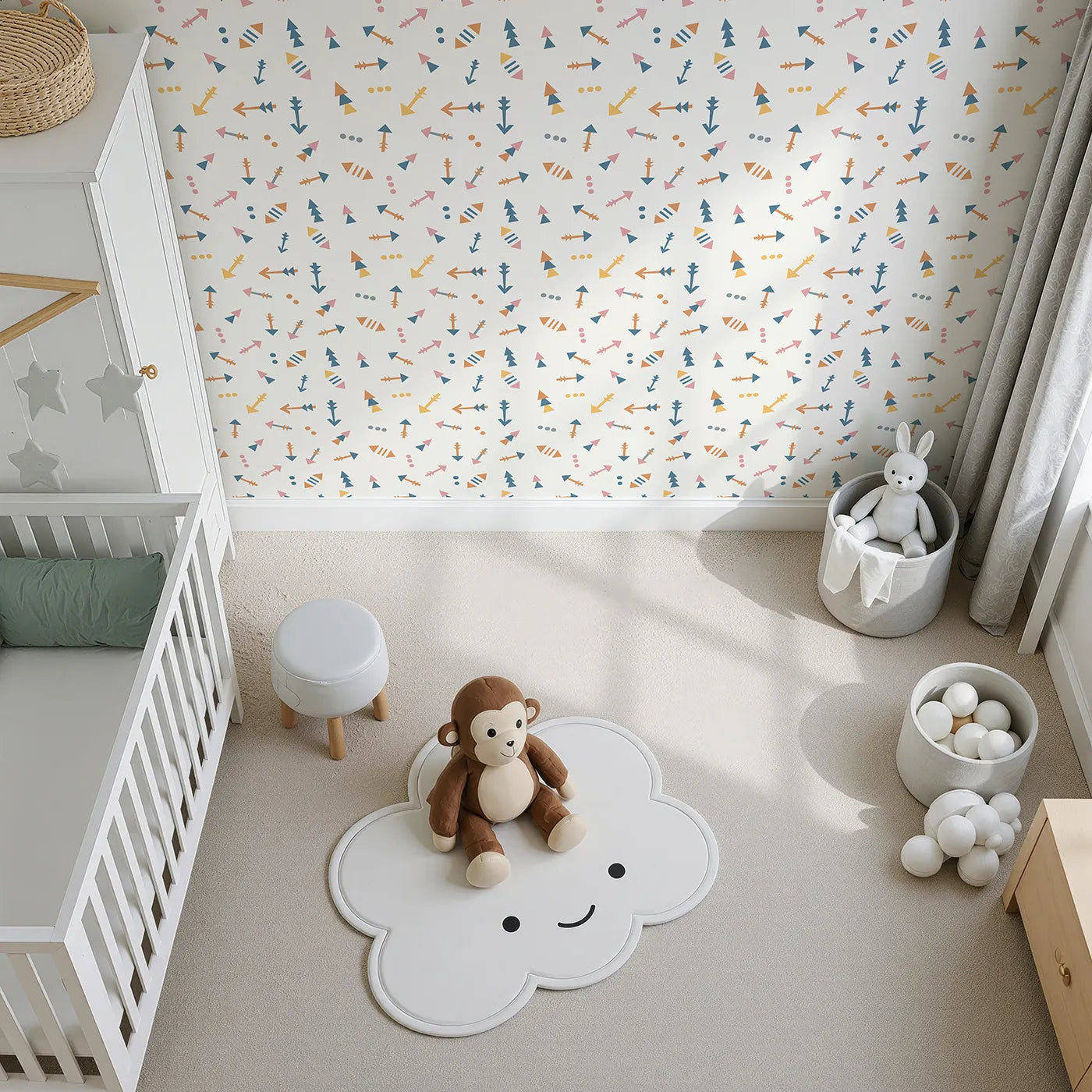 Top-Down view of Whimsy Tots' Boho Arrows Wallpaper in White (W3008E).Soft tribal arrows dance across their wall in cheerful motion.