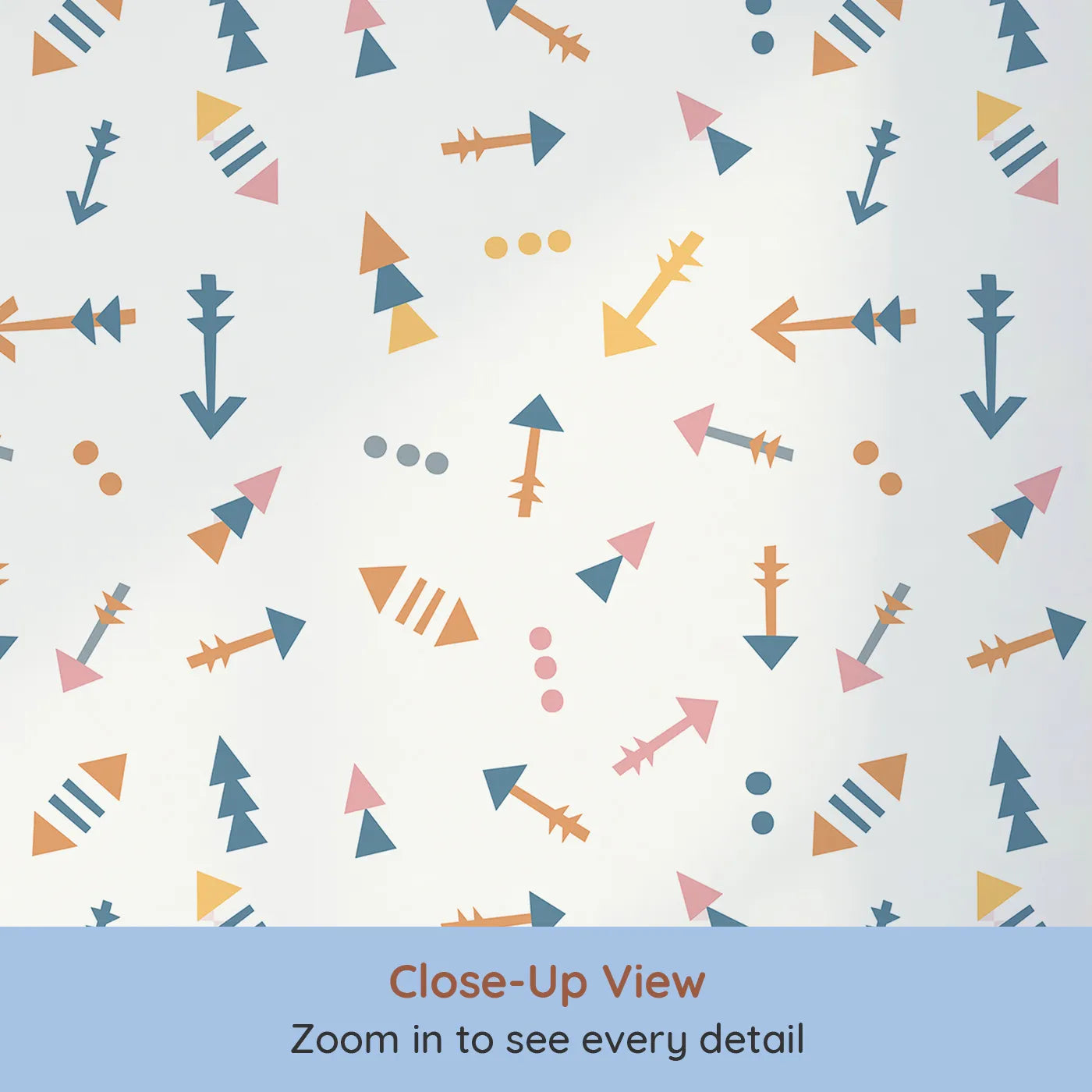 Close-up view of Whimsy Tots' Boho Arrows Wallpaper in White (W3008E).Soft tribal arrows dance across their wall in cheerful motion.