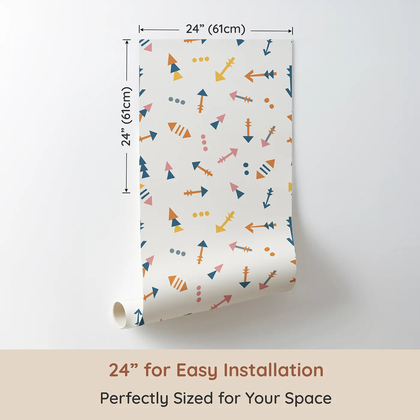 Dimension view of Whimsy Tots Boho Arrows Wallpaper in White (W3008E). Printed in 24-inch-wide panel for easy installation. Soft tribal arrows dance across their wall in cheerful motion.