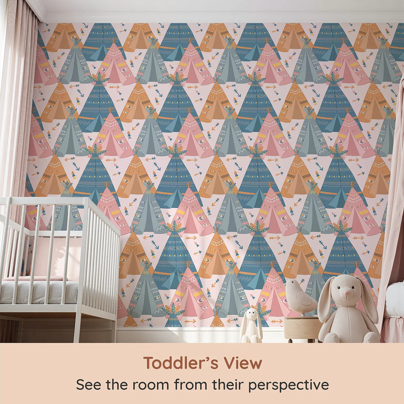 Whimsy Tots Teepee Parade Wallpaper in Pink (W3009A) from your child's view.Bold teepees and playful patterns create a joyful village of color.