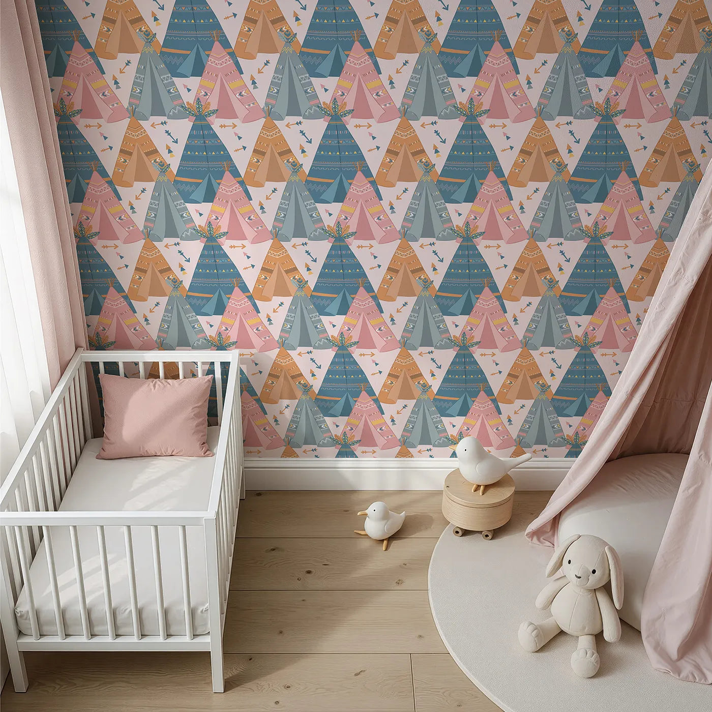 Top-Down view of Whimsy Tots' Teepee Parade Wallpaper in Pink (W3009A).Bold teepees and playful patterns create a joyful village of color.