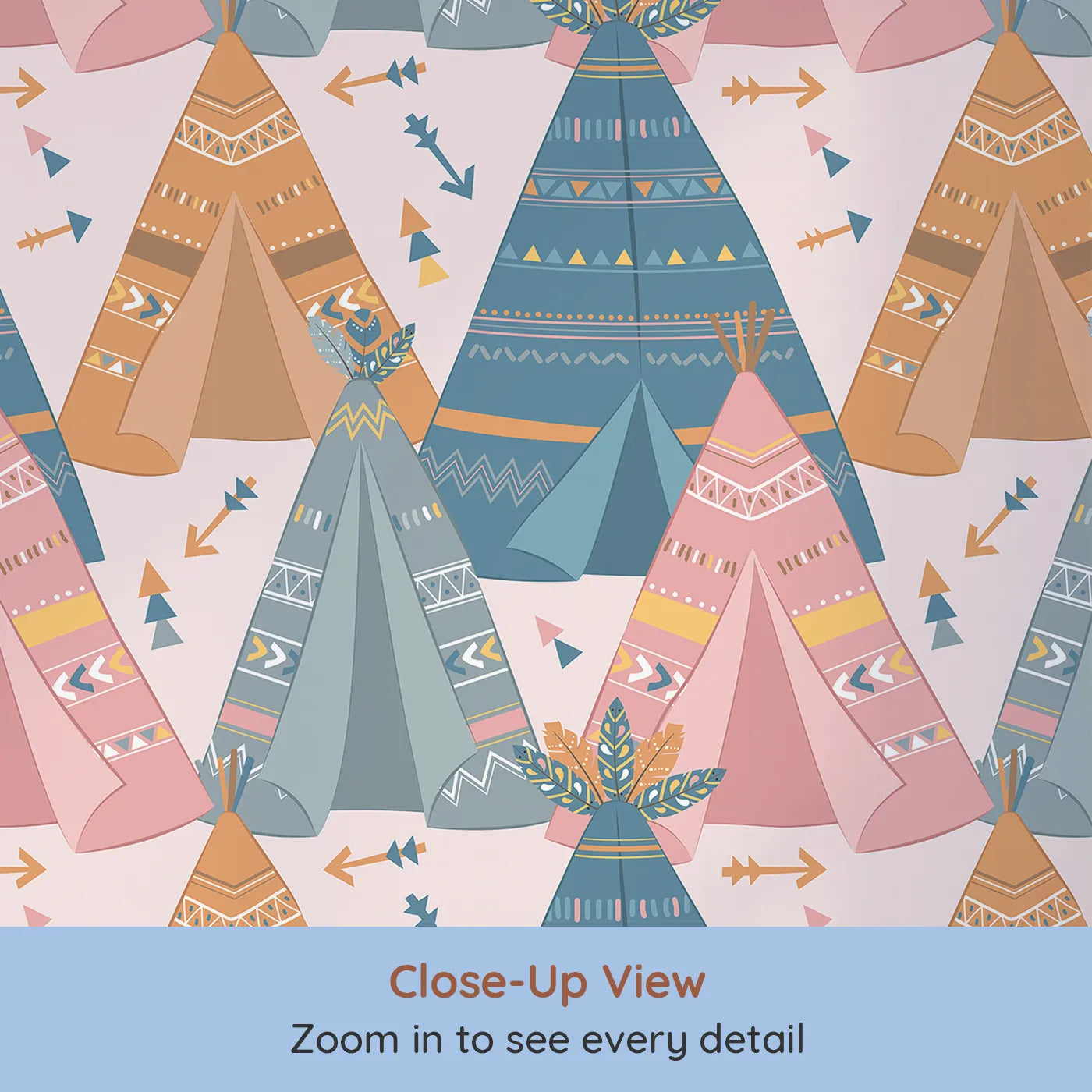 Close-up view of Whimsy Tots' Teepee Parade Wallpaper in Pink (W3009A).Bold teepees and playful patterns create a joyful village of color.