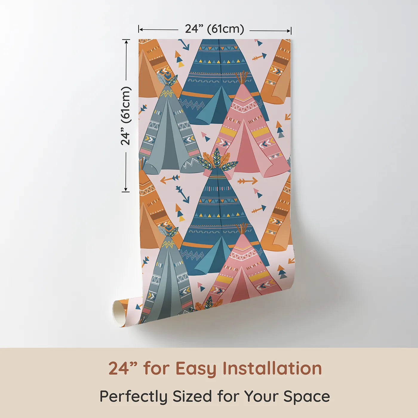 Dimension view of Whimsy Tots Teepee Parade Wallpaper in Pink (W3009A). Printed in 24-inch-wide panel for easy installation. Bold teepees and playful patterns create a joyful village of color.