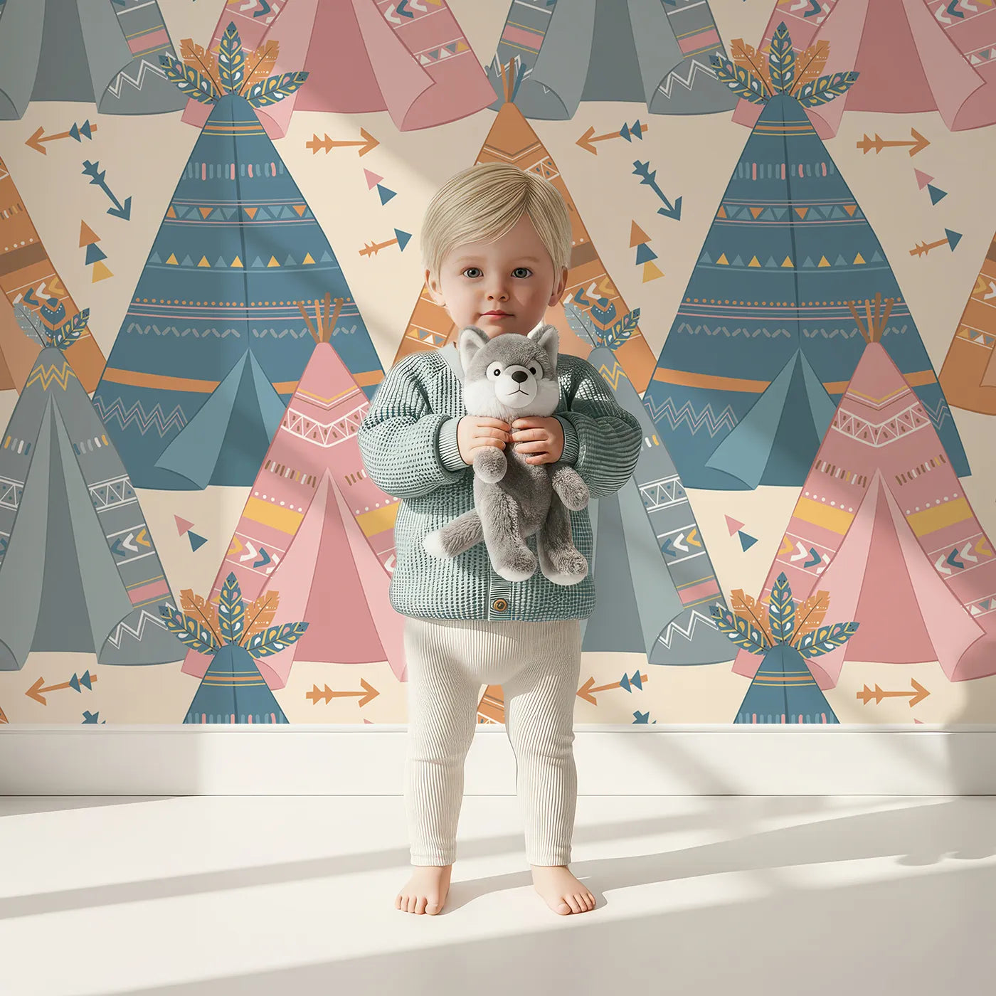 Lovely child standing in front of Whimsy Tots Teepee Parade Wallpaper in Cream with teepee, arrow, triangle, tent in design.