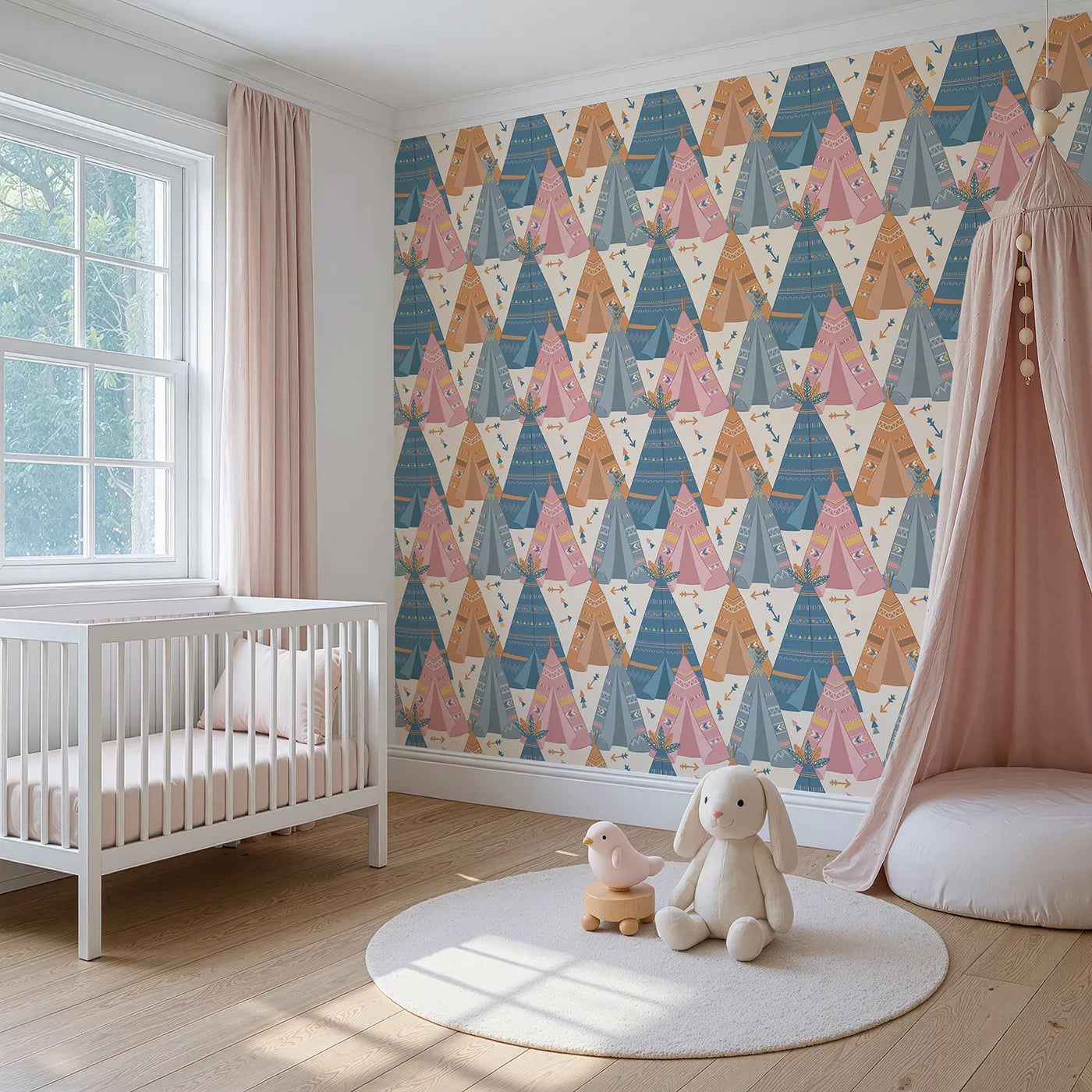Angled view of Whimsy Tots' Teepee Parade Wallpaper in Cream (W3009B).Bold teepees and playful patterns create a joyful village of color.