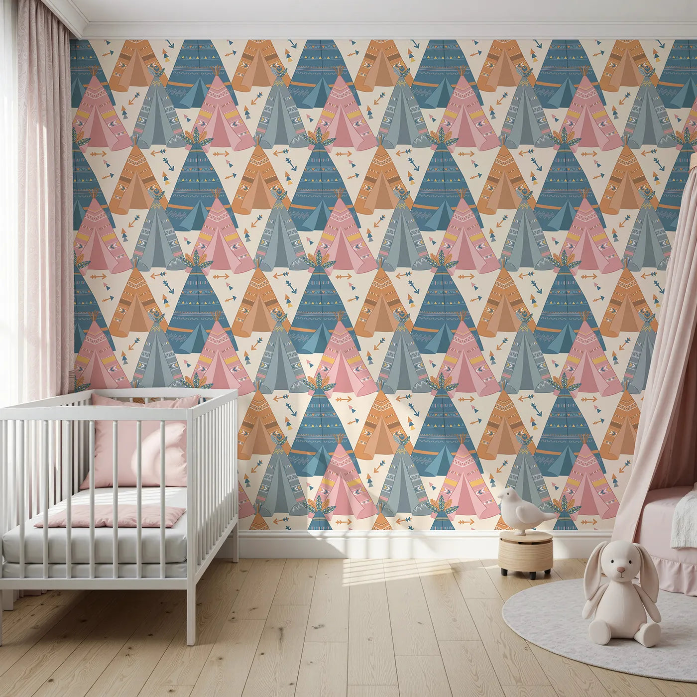 Front view of Whimsy Tots' Teepee Parade Wallpaper in Cream