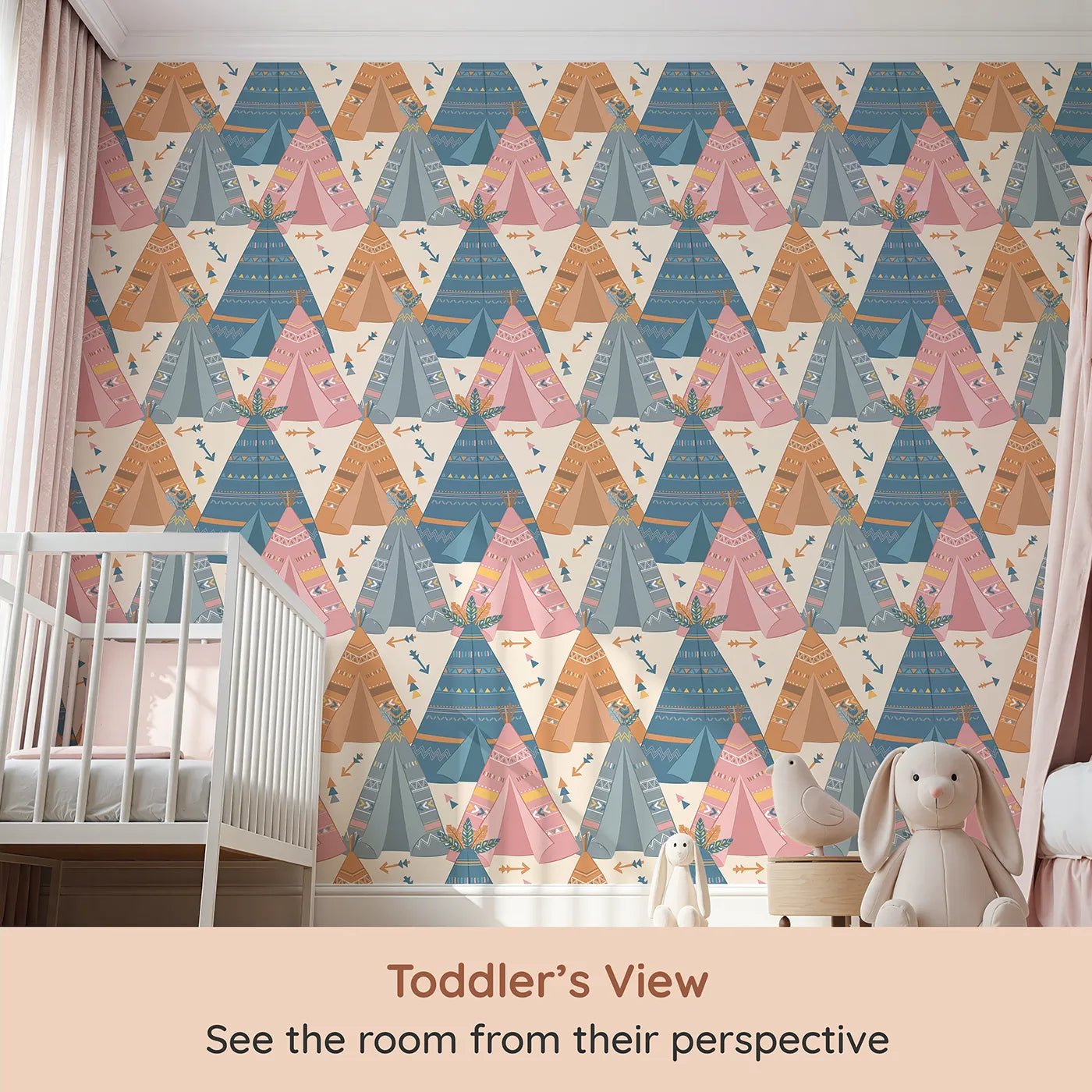 Whimsy Tots Teepee Parade Wallpaper in Cream (W3009B) from your child's view.Bold teepees and playful patterns create a joyful village of color.