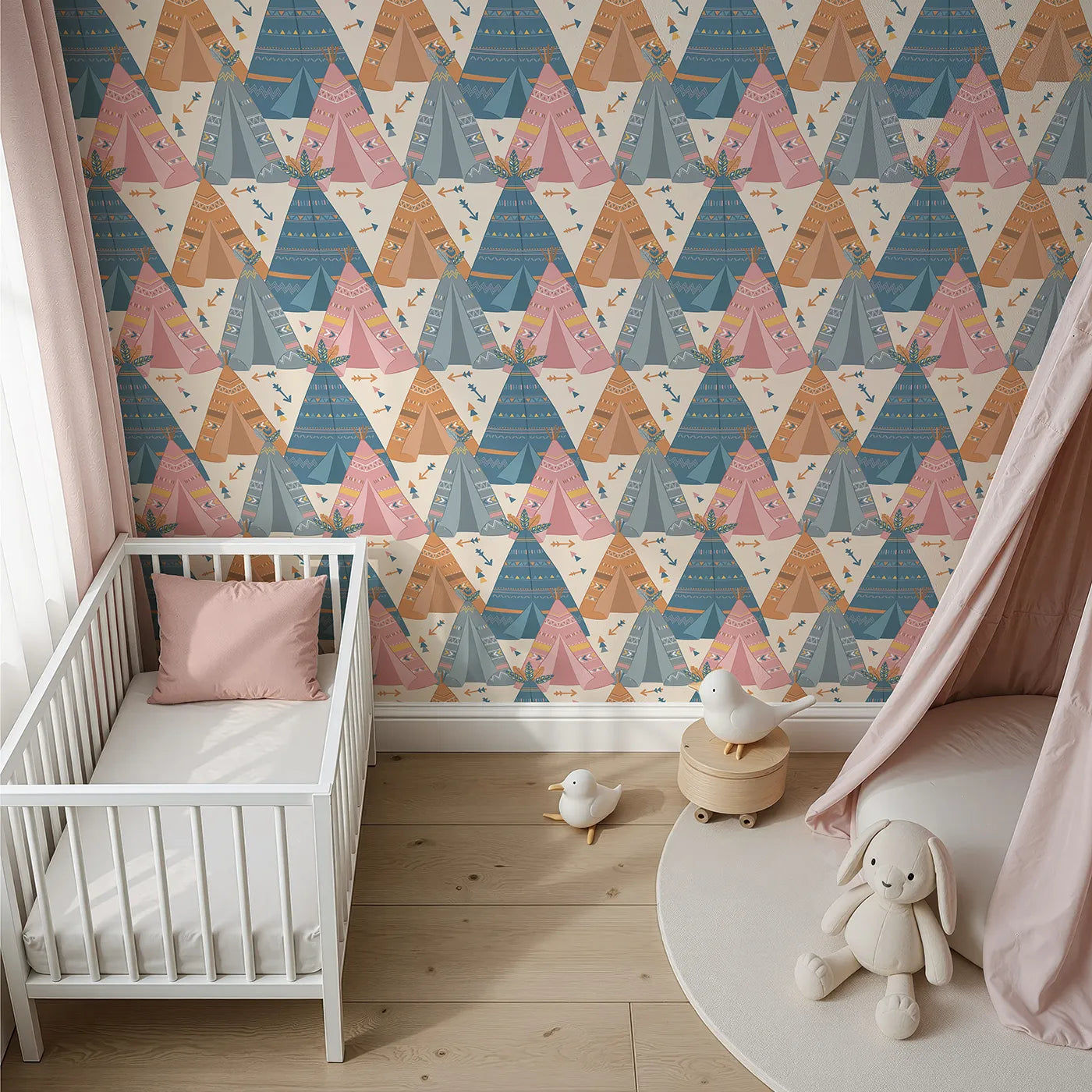 Top-Down view of Whimsy Tots' Teepee Parade Wallpaper in Cream (W3009B).Bold teepees and playful patterns create a joyful village of color.
