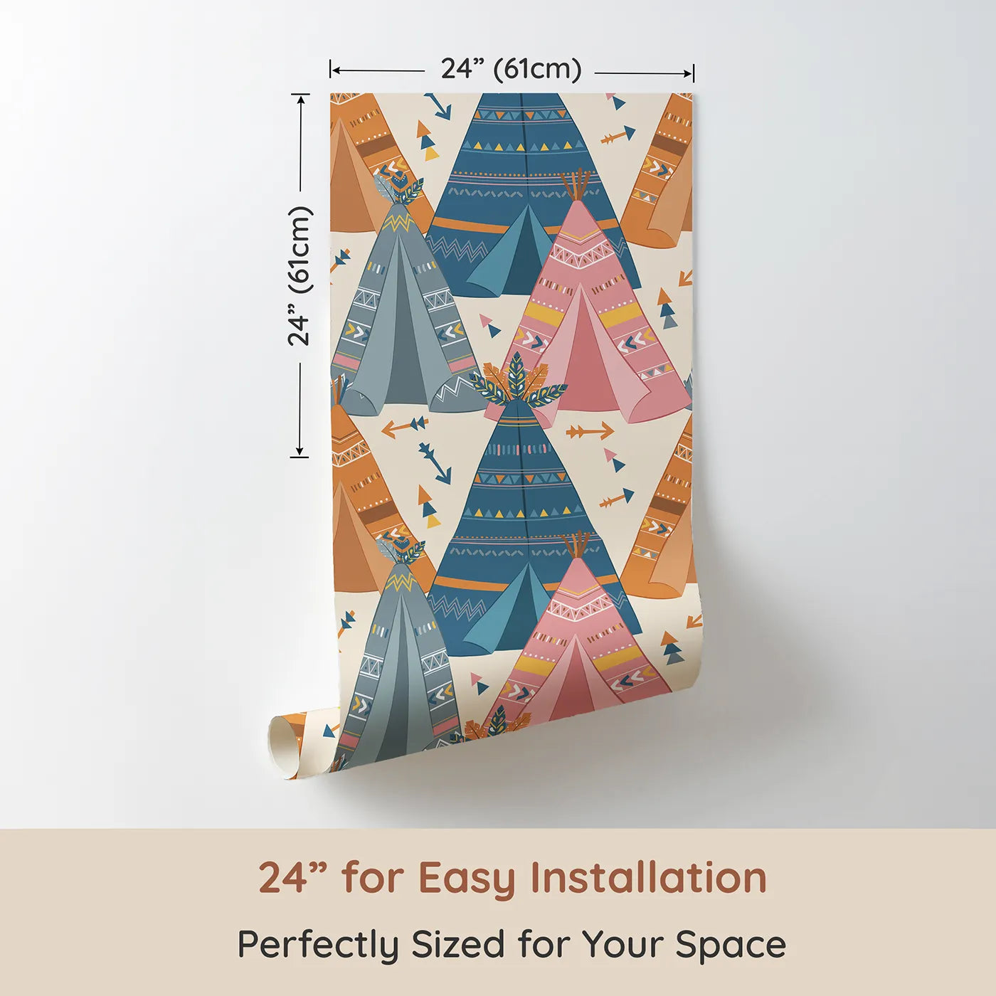 Dimension view of Whimsy Tots Teepee Parade Wallpaper in Cream (W3009B). Printed in 24-inch-wide panel for easy installation. Bold teepees and playful patterns create a joyful village of color.