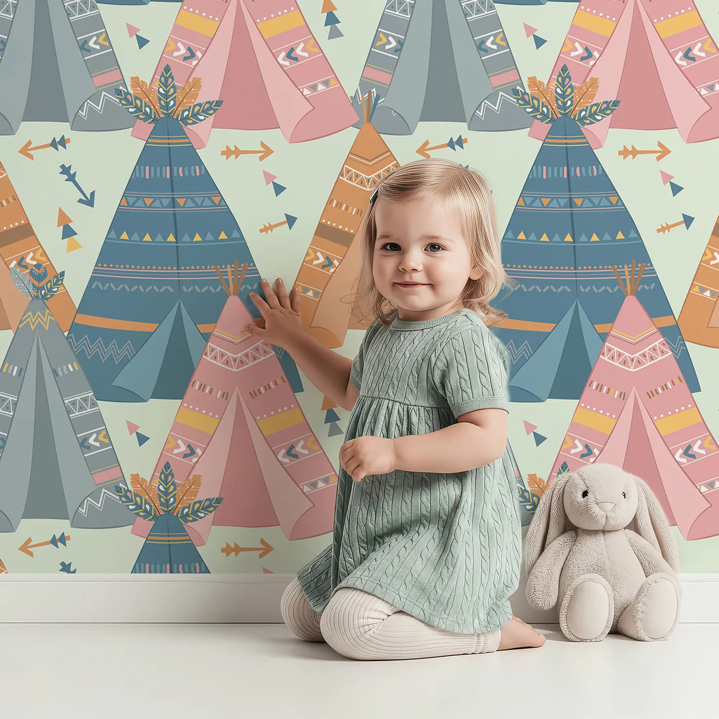 Lovely child standing in front of Whimsy Tots Teepee Parade Wallpaper in Mint Green with teepee, arrow, triangle, tent in design.